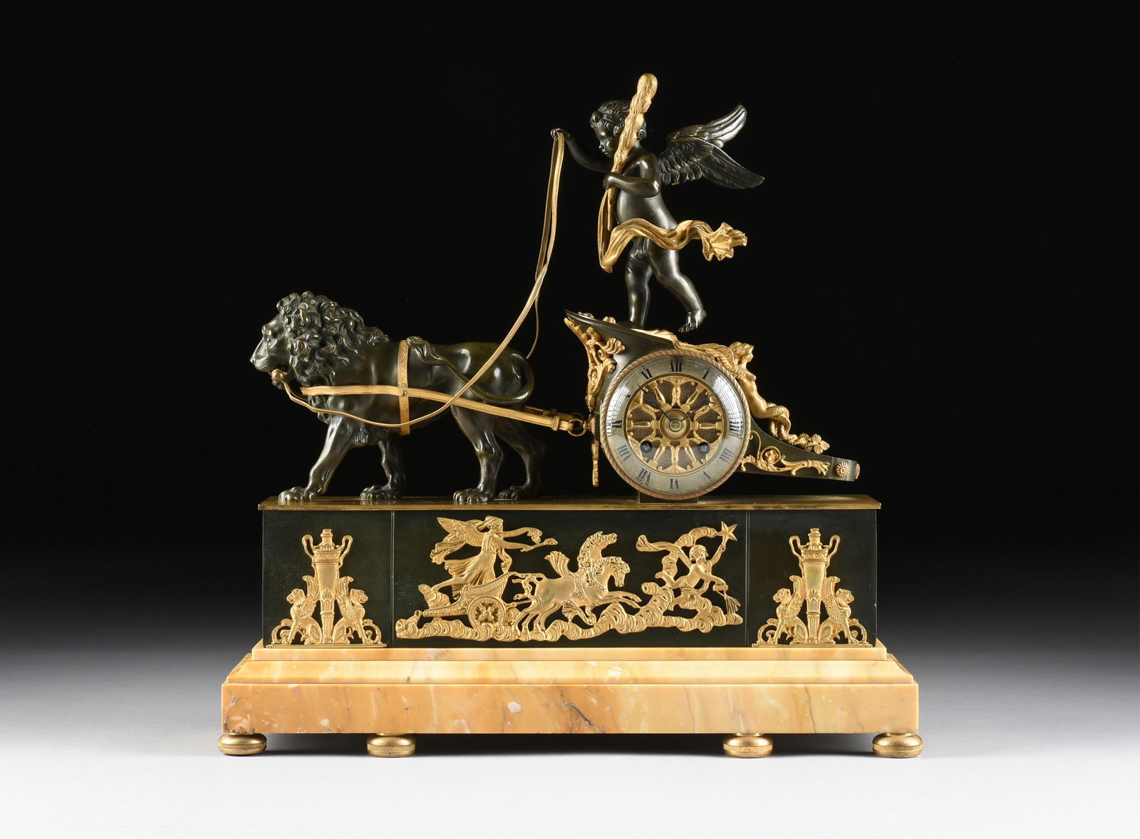 A NEOCLASSICAL STYLE MANTLE CLOCK, FRENCH, MID 19TH CENTURY,: A NEOCLASSICAL STYLE MANTLE CLOCK, FRENCH, MID 19TH CENTURY,bronze ormolu and patinated bronze mantel clock portraying a putto driving a chariot pulled by a lion, and mounted on a marble base. The clo