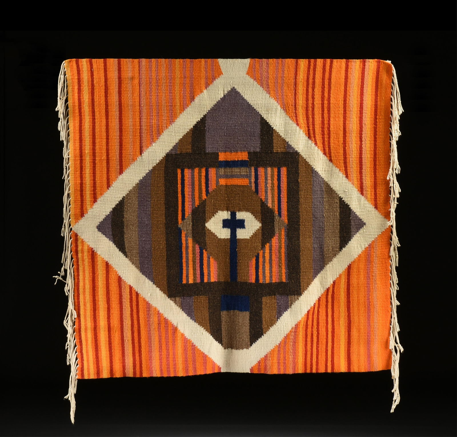 RACHEL BROWN (American 1926-2012) "Tomahawk Weaving," 1970,: RACHEL BROWN (American 1926-2012) "Tomahawk Weaving," 1970,hand woven wool wall hanging.58 x 62 in. (147.3 x 157.5 cm.)