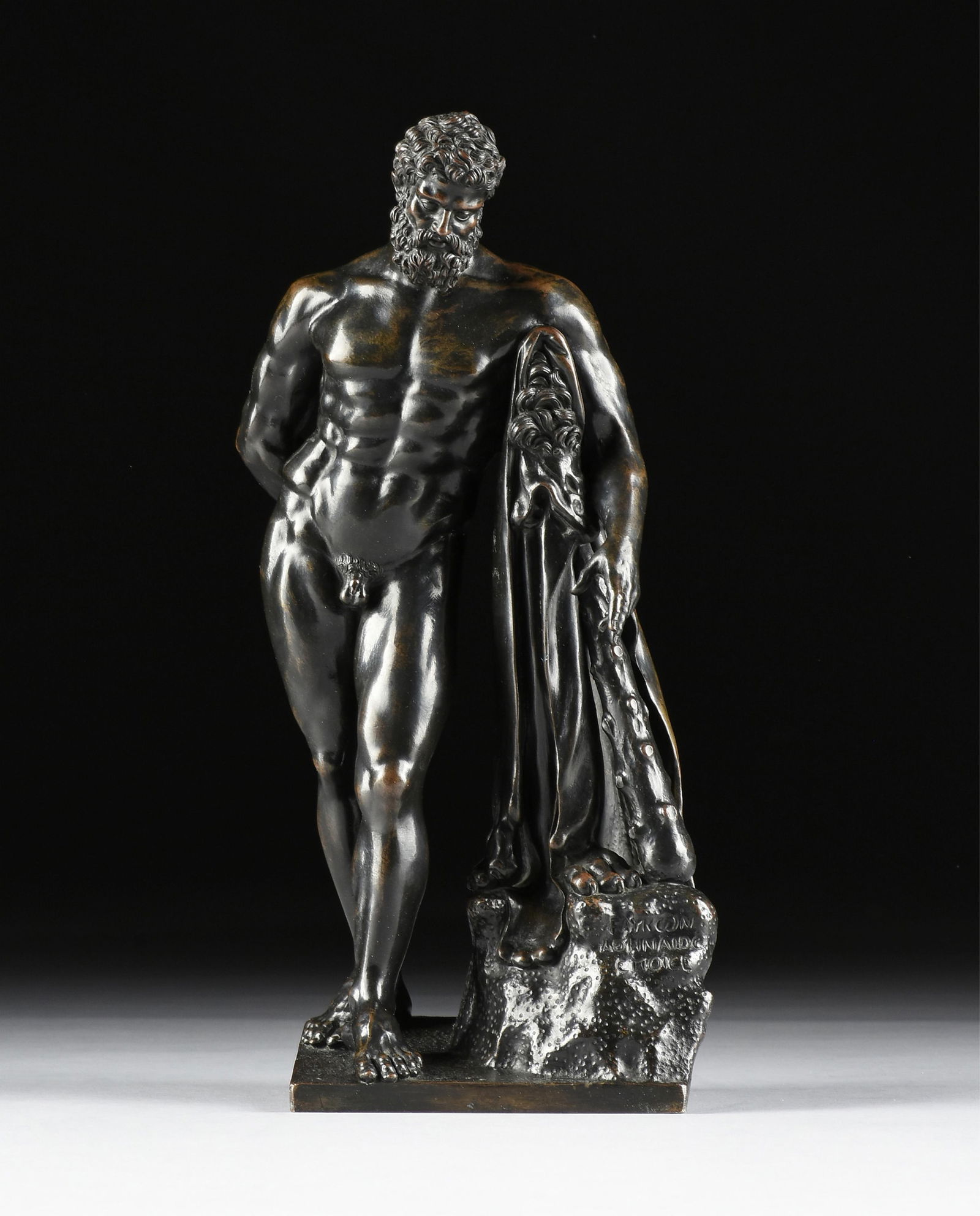 ITALIAN SCHOOL "Hercules," 19TH CENTURY,: ITALIAN SCHOOL "Hercules," 19TH CENTURY,a patinated bronze copy of the Farnese Hercules made in Italy for travelers on the Grand Tour.14 1/2 x 8 x 5 in. (36.8 x 20.3 x 12.7 cm.) Provenance: Collection