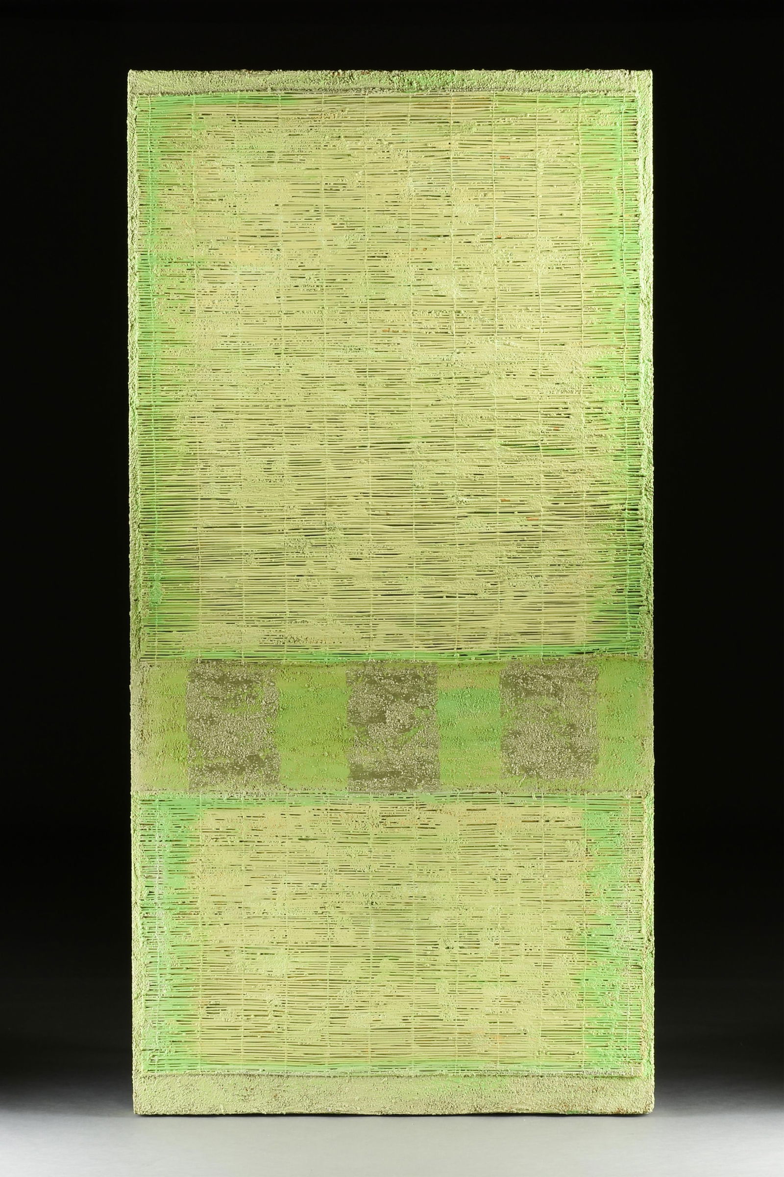 SABINE STROMEYER (German/Texas b. 1962) "New York Spring," 2003,: SABINE STROMEYER (German/Texas b. 1962) "New York Spring," 2003,mixed media on board, signed and dated on reverse, "Stromeyer / 2003," and with an artist label on reverse.108 x 48 in. (274.3 x 121.9 c