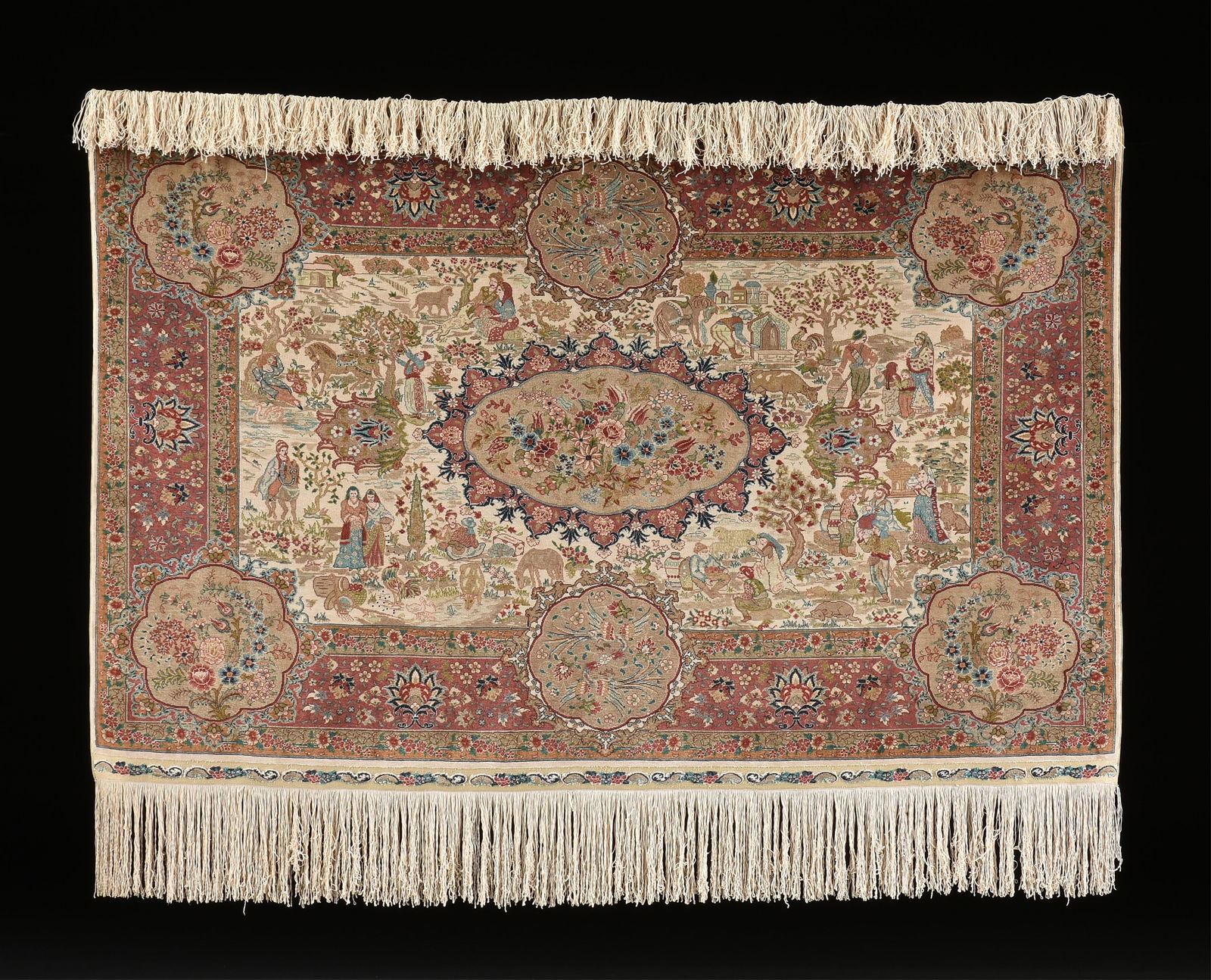AN ÖZIPEK HEREKE SILK CARPET/TAPESTRY, TURKISH, 1997,: AN ÖZIPEK HEREKE SILK CARPET/TAPESTRY, TURKISH, 1997,double-knotted silk prayer rug, woven by Ayse Ipek from the Tavas village.34 1/2 x 52 in. (87.6 x 132.1 cm.) Provenance: Estate of Shirley Blo