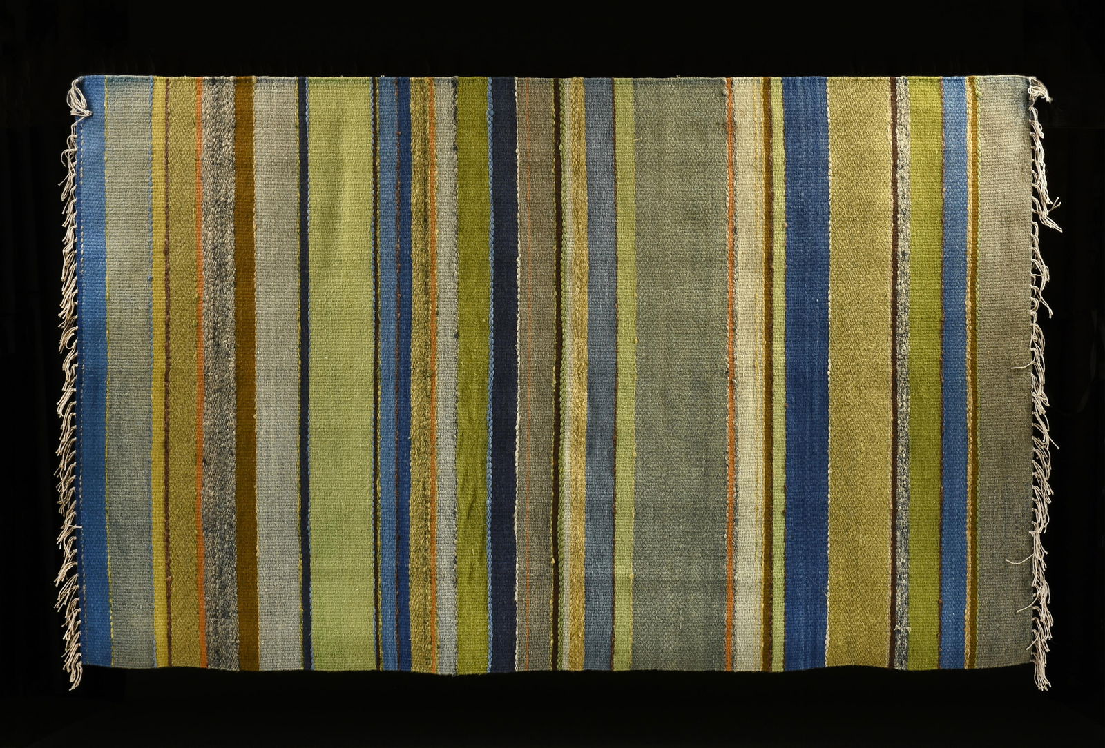 CHERYL CANTU (American) "Blue and Green Stripe (Untitled)," CIRCA 1970,: CHERYL CANTU (American) "Blue and Green Stripe (Untitled)," CIRCA 1970,hand woven wool wall hanging.60 x 96 in. (152.4 x 243.8 cm.)