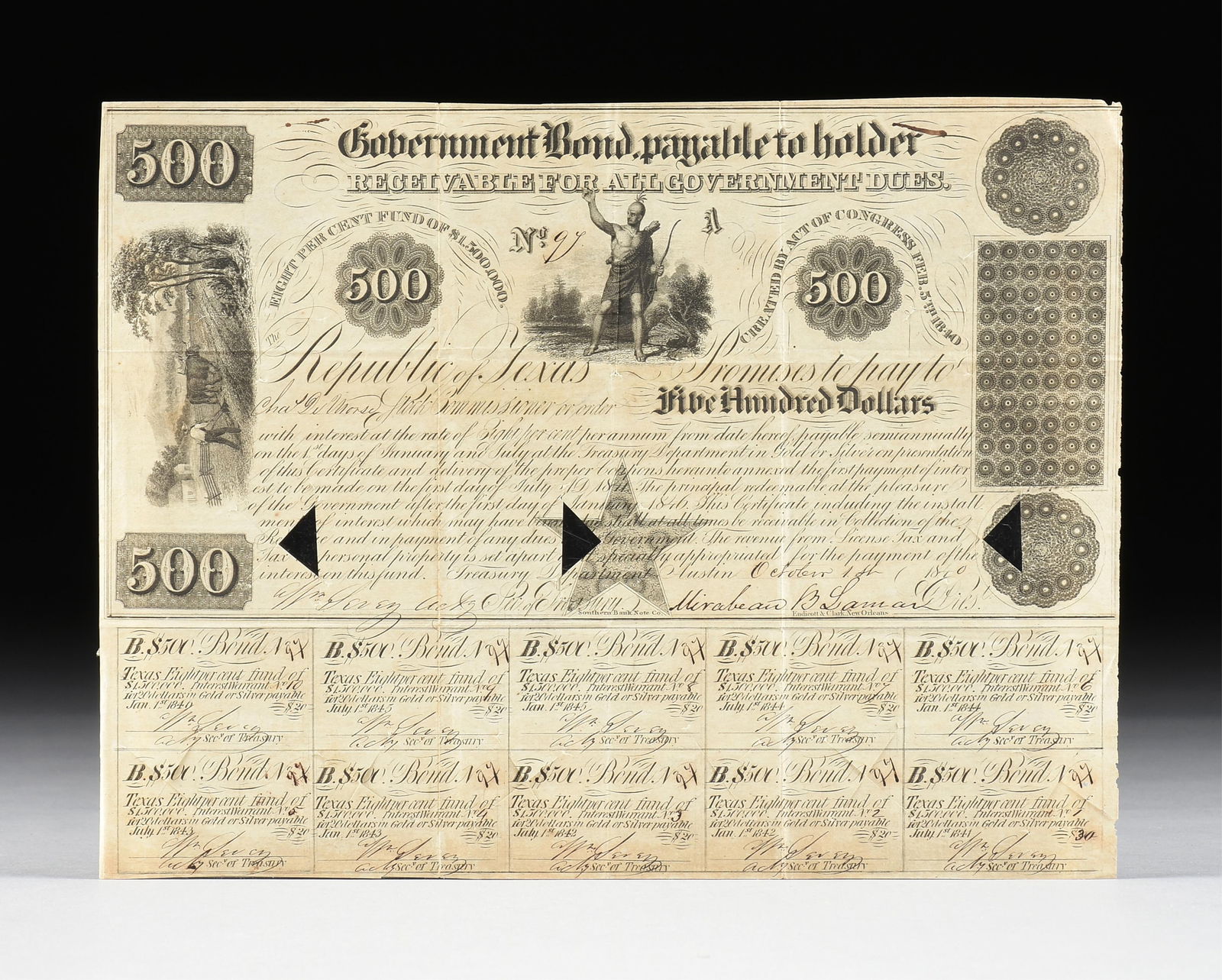 A REPUBLIC OF TEXAS FIVE HUNDRED DOLLAR BOND CERTIFICATE, 1840,: A REPUBLIC OF TEXAS FIVE HUNDRED DOLLAR BOND CERTIFICATE, 1840,a single engraved sheet with ten interest coupons, number 97, signed by Mirabeau Lamar, issued October, 1840.7 3/4 x 10 in. (19.7 x 25.4