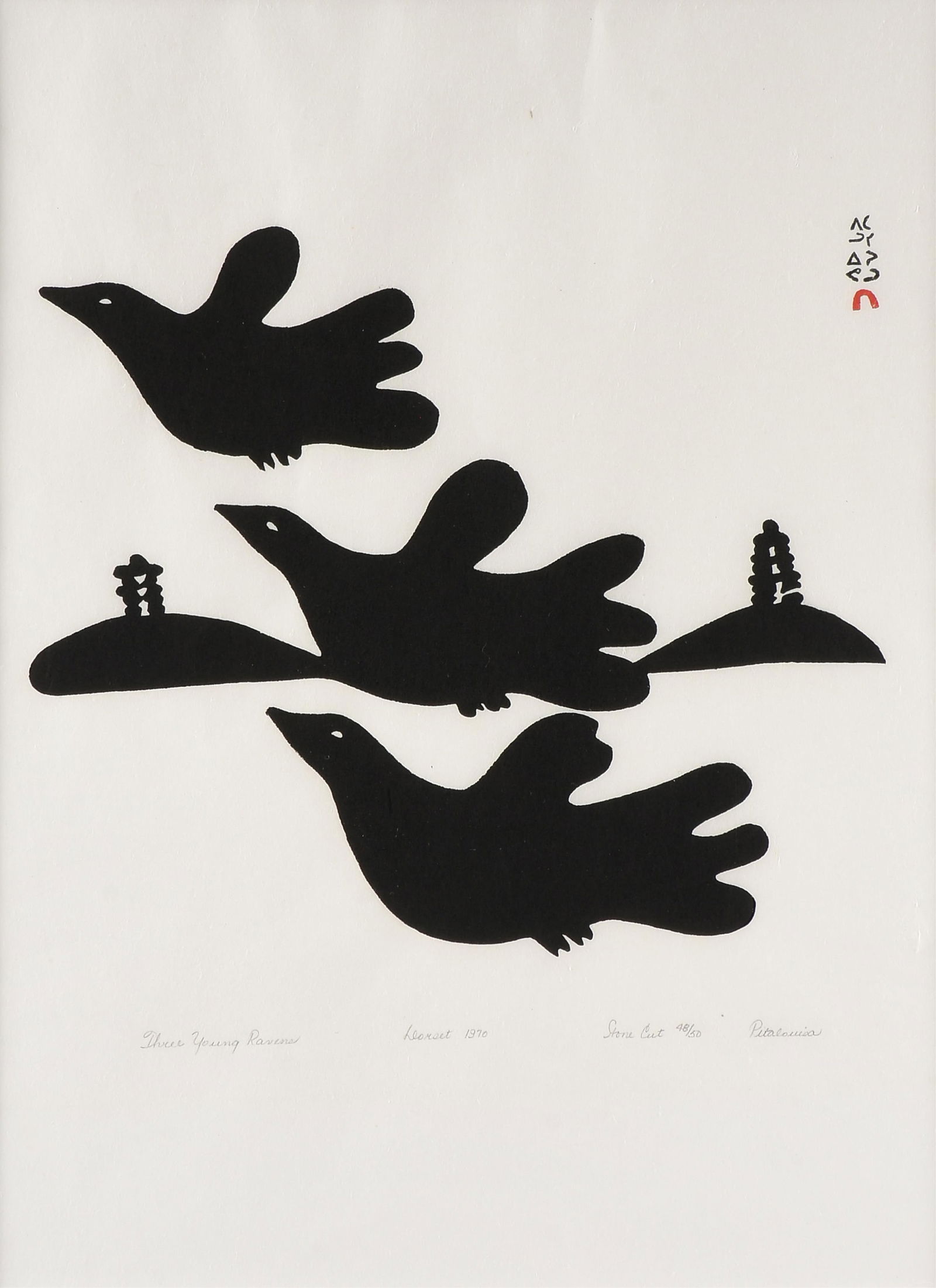 PITALOOSIE SAILA (Inuk 1942-2021) THREE PRINTS, "Three Young Ravens," "Inukshuk Builders," and: PITALOOSIE SAILA (Inuk 1942-2021) THREE PRINTS, "Three Young Ravens," "Inukshuk Builders," and "Mother and Child," 1970,Cape Dorset stonecut prints on Japan paper, each signed in syllabics and labeled