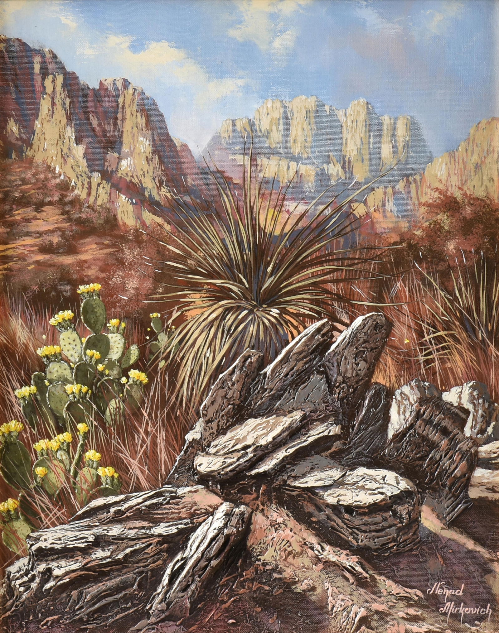 NENAD MIRKOVICH (Serbian/American/Texas b. 1951) "Mountain Landscape with Cacti and Rocks: NENAD MIRKOVICH (Serbian/American/Texas b. 1951) "Mountain Landscape with Cacti and Rocks (Untitled)," 21ST CENTURY,acrylic and mixed media on canvas, signed lower right, "Nenad Mirkovich," and signed