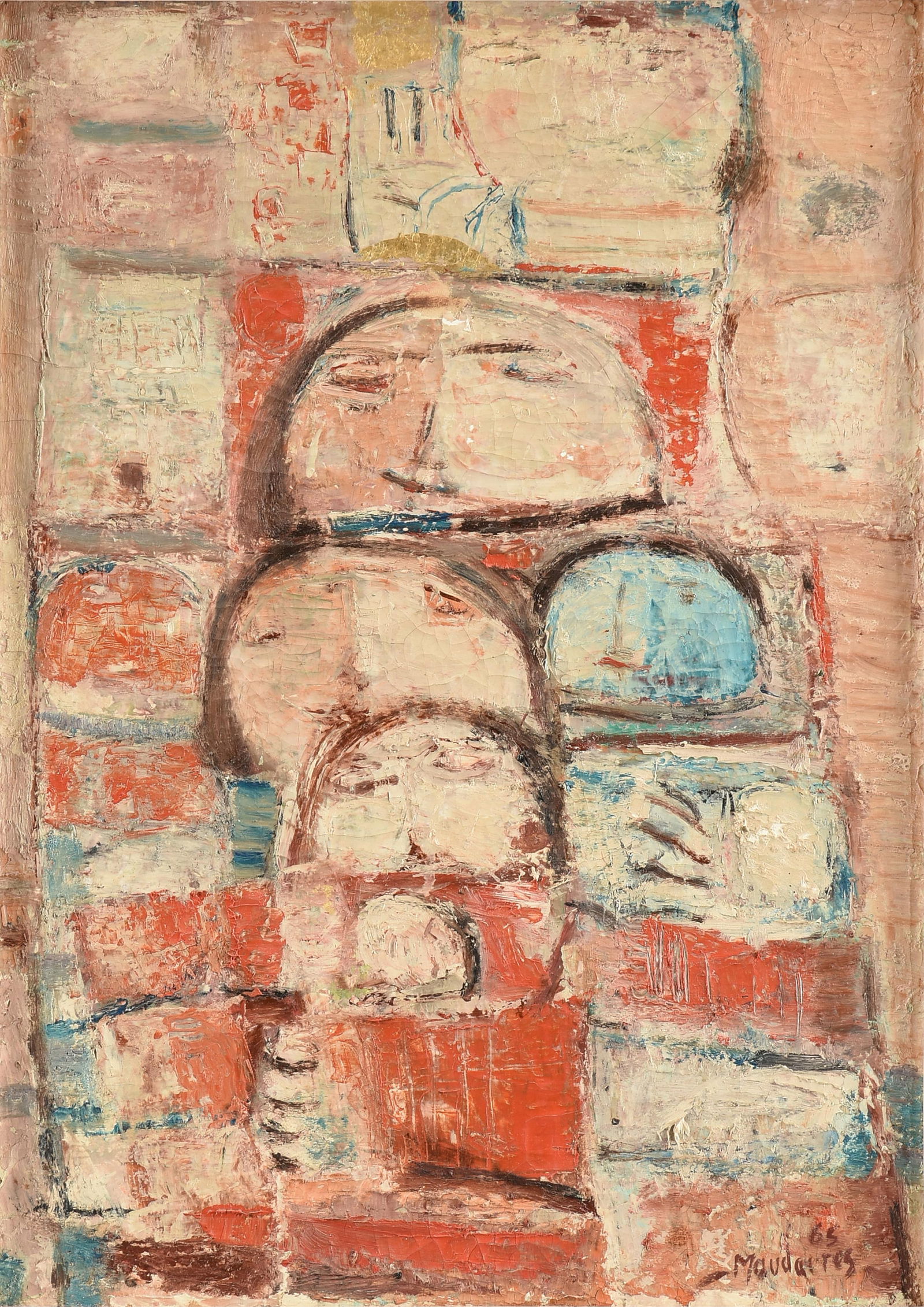 FATEH MOUDARRES (Syrian 1922-1999) "Untitled Figures," 1965,: FATEH MOUDARRES (Syrian 1922-1999) "Untitled Figures," 1965,oil on canvas, signed and dated lower right, "65 / Moudarres."27 x 19 1/4 in. (68.6 x 48.9 cm.), Frame: 29 x 21 in. (73.7 x 53.3 cm.) Proven