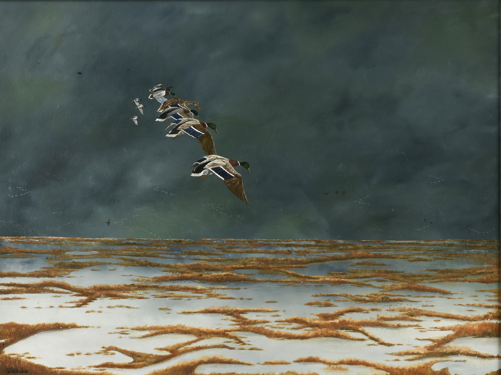 JIM NOBLE (American/Texas b. 1943) "Mallards in Flight (Untitled)," CIRCA 1970,: JIM NOBLE (American/Texas b. 1943) "Mallards in Flight (Untitled)," CIRCA 1970,oil on canvas, signed lower left, "Jim Noble."30 x 40 in. (76.2 x 101.6 cm.), Frame: 38 1/2 x 48 1/2 in. (97.8 x 123.2 cm