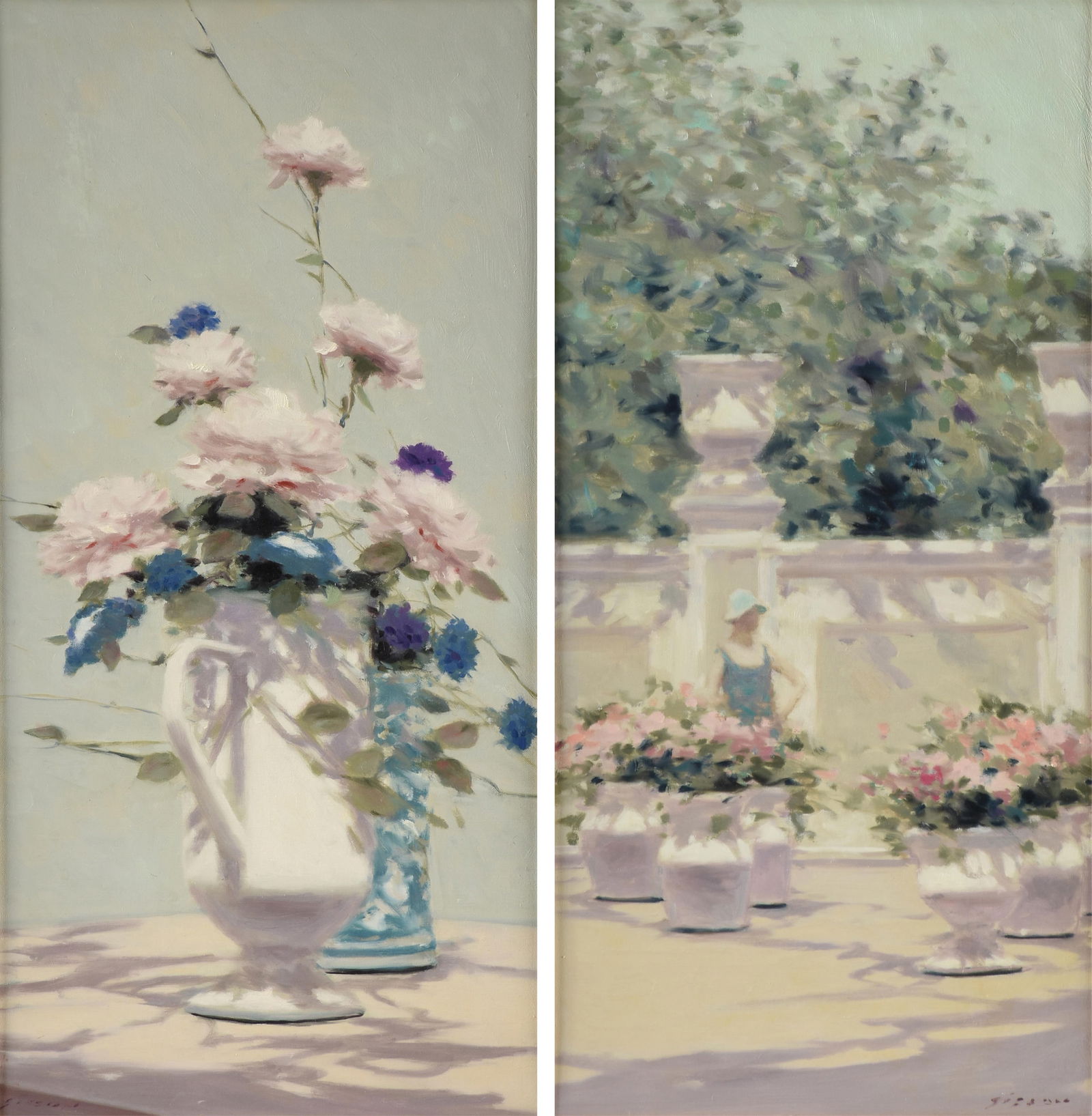 Andre (Gittelson) Gisson (American 1921 - 2003) TWO PAINTINGS "Floral Scenes (Untitled)," 20TH: Andre (Gittelson) Gisson (American 1921 - 2003) TWO PAINTINGS "Floral Scenes (Untitled)," 20TH CENTURY,oil on canvas, each signed in a lower corner, "Gisson."24 x 12 in. (61 x 30.5 cm.), Frames: 34 3/