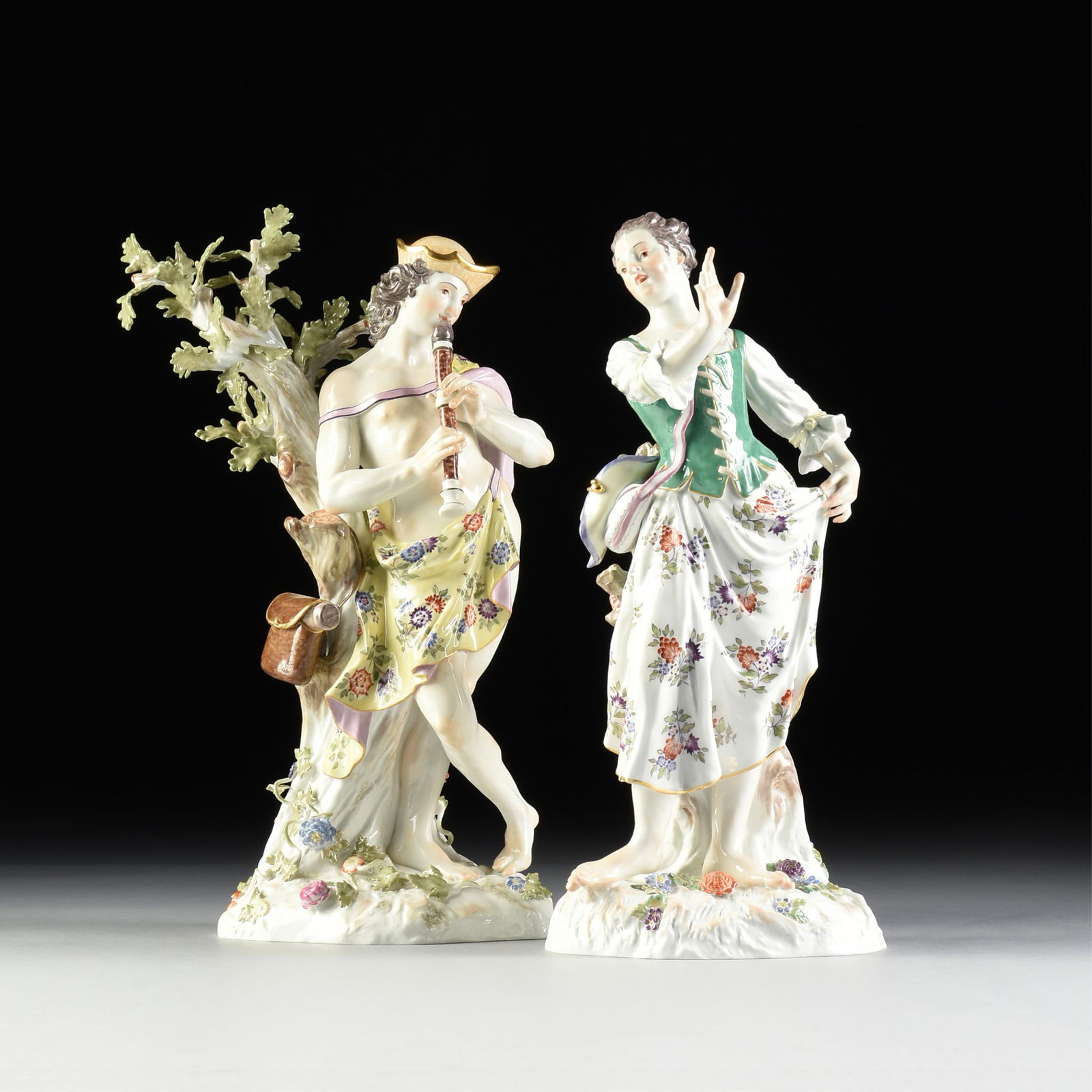 TWO MEISSEN STATUETTES, "Paris with Flute," and "Shepherdess," GERMAN, 1999, (1 of 18)