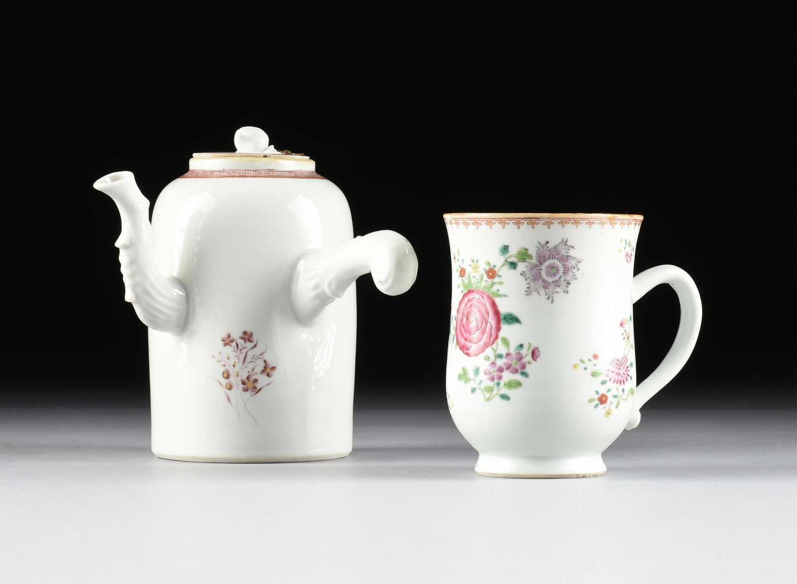 A PORCELAIN COFFEE POT AND FAMILLE ROSE MUG, CHINESE EXPORT, LATE 18TH CENTURY,: A PORCELAIN COFFEE POT AND FAMILLE ROSE MUG, CHINESE EXPORT, LATE 18TH CENTURY,two pieces of hand painted porcelain, coffee pot with a metal hinge attached to lid.Coffee pot: 8 x 8 1/4 x 7 1/4 in. (20