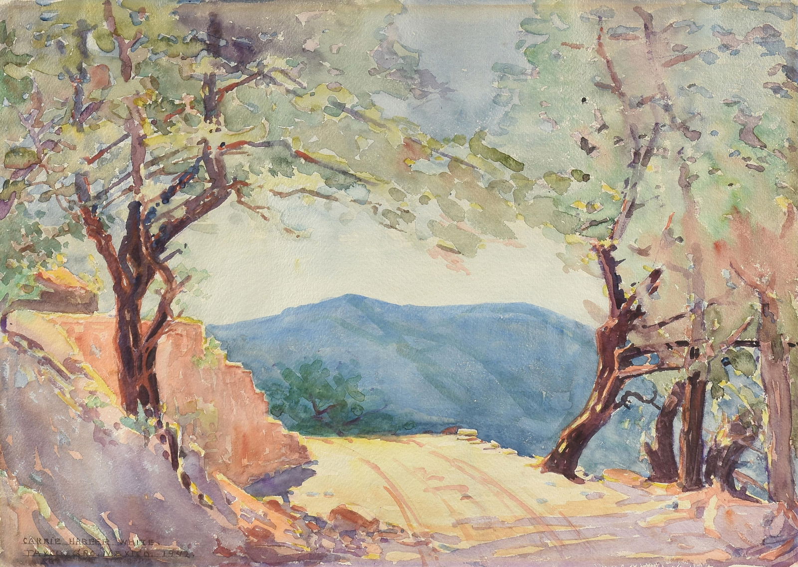 CARRIE HARPER WHITE (American/Texas 1875-1969) "Landscape with Mountain, Guerrero (Untitled)," 1942,: CARRIE HARPER WHITE (American/Texas 1875-1969) "Landscape with Mountain, Guerrero (Untitled)," 1942,watercolor on paper, signed, titled, and located lower left, "Carrie Harper White / Taxco G'ro, Mexi