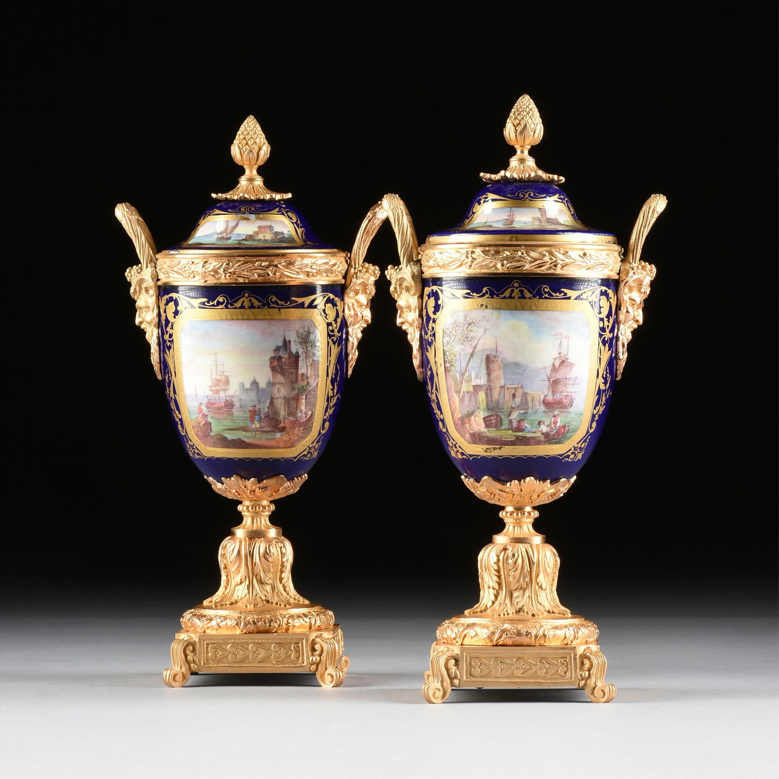 A PAIR OF NEOCLASSICAL STYLE BRONZE ORMOLU AND PORCELAIN URNS, FRENCH, 19TH CENTURY, (1 of 13)