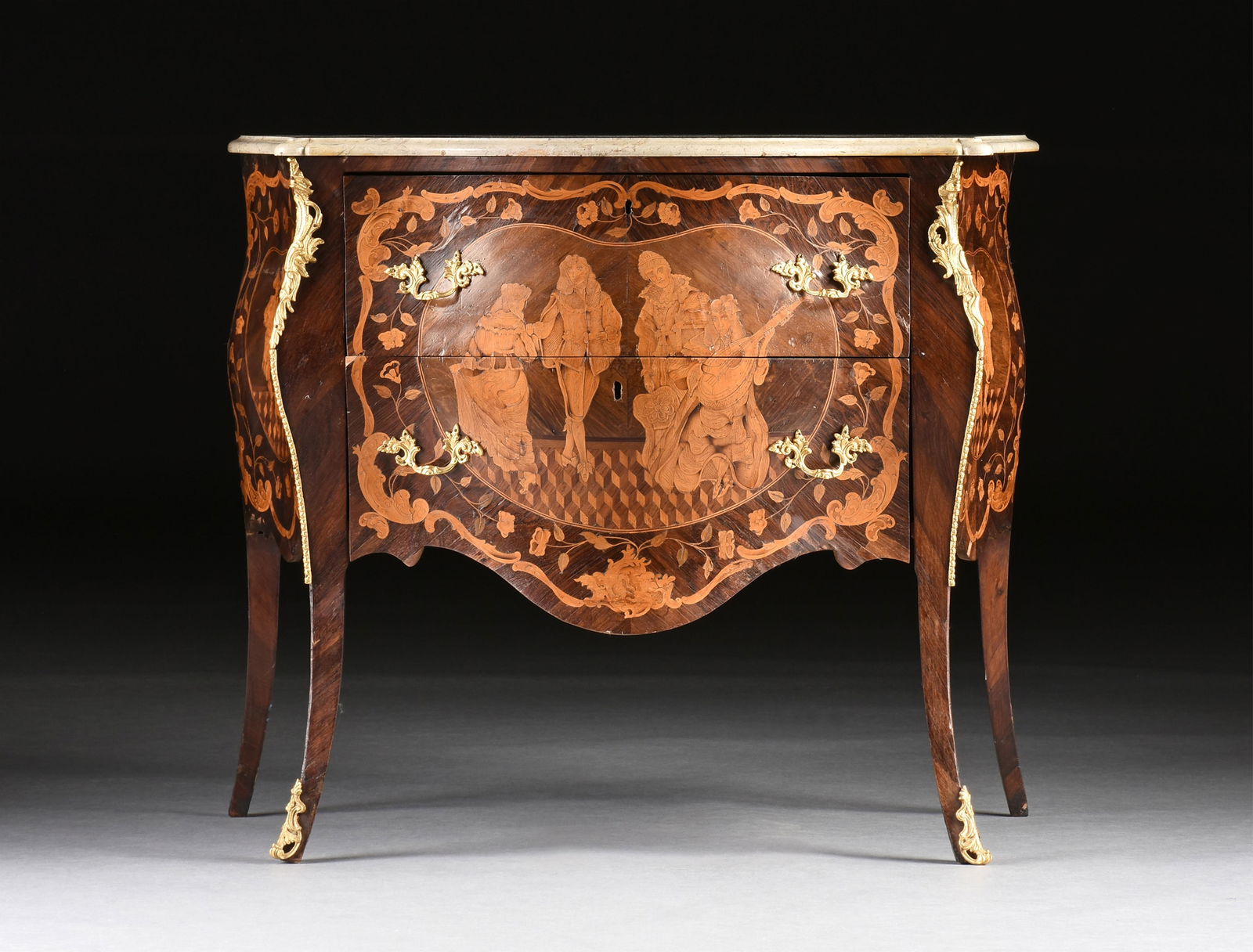 A ROCOCO STYLE BRONZE ORMOLU AND KINGWOOD COMMODE, ITALIAN, 19TH CENTURY, (1 of 10)