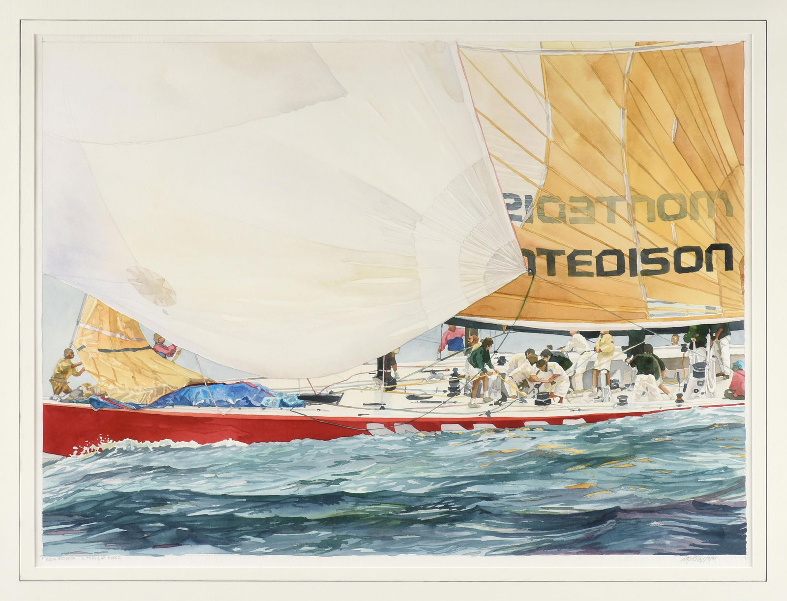 MARC CASTELLI (American b. 1951) "Neck and Neck," 1995,: MARC CASTELLI (American b. 1951) "Neck and Neck," 1995,watercolor on paper, signed and dated lower right, "Castelli © 1/9/95," and titled lower left, "Neck and Neck Il Moro & A3 Race 2."21 x 28 1