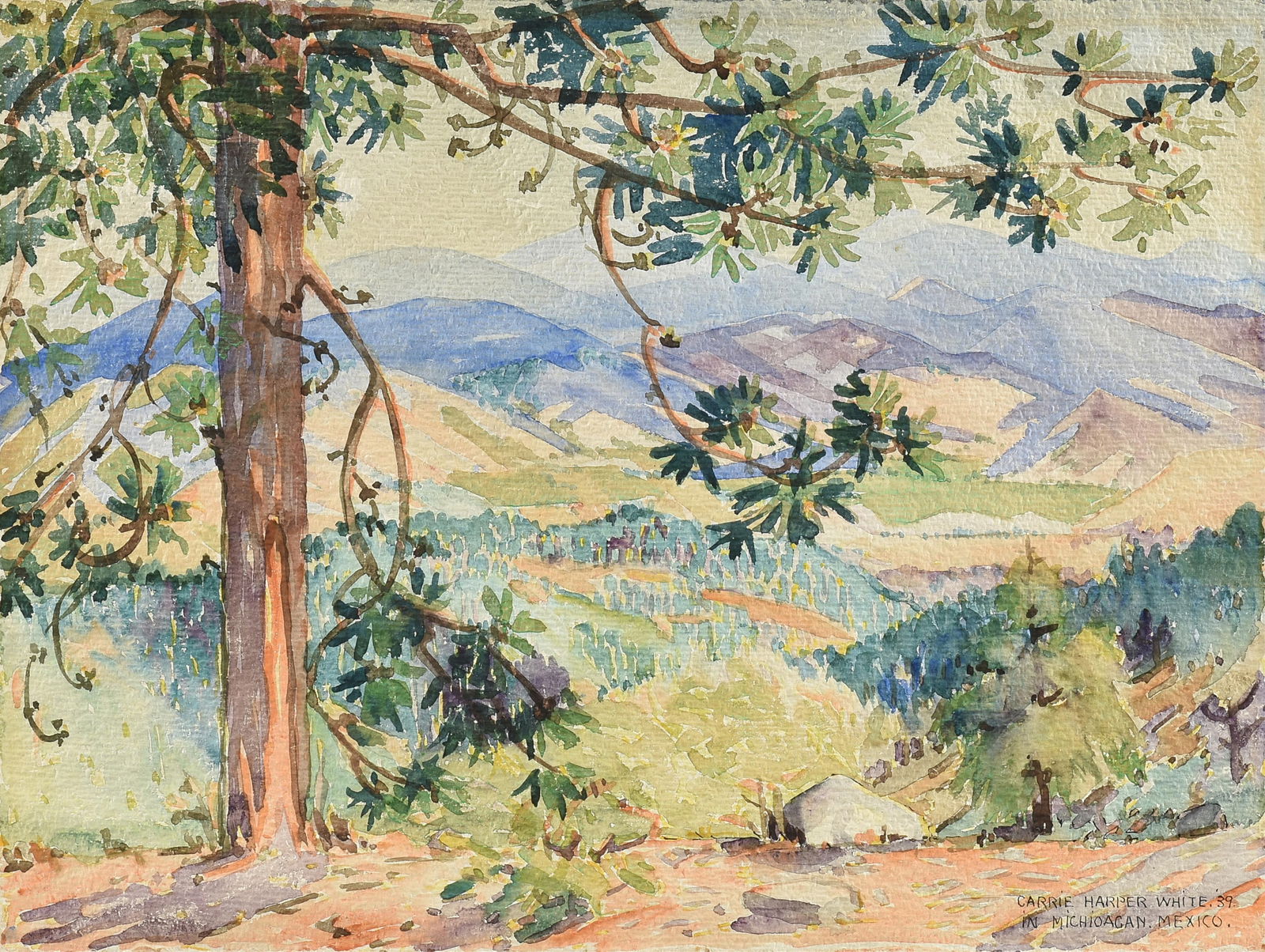CARRIE HARPER WHITE (American/Texas 1875-1969) "Michoacán Landscape (Untitled)," 1939,: CARRIE HARPER WHITE (American/Texas 1875-1969) "Michoacán Landscape (Untitled)," 1939,watercolor on paper, signed, dated and located at lower right, "Carrie Harper White, '39 / in Michioacan [sic