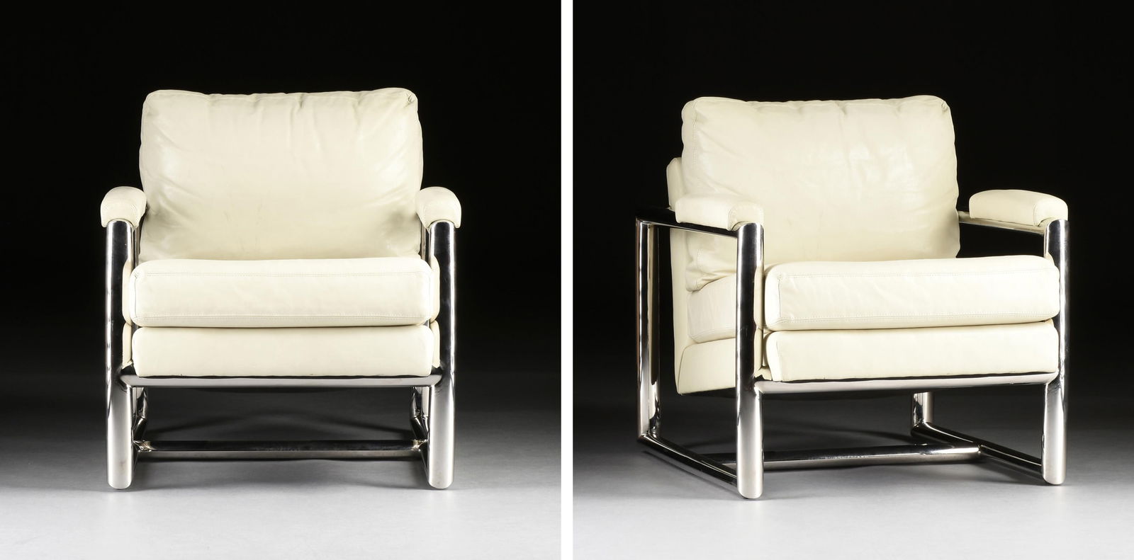 A PAIR OF MITCHELL GOLD + BOB WILLIAMS "Presley" LOUNGE CHAIRS, AMERICAN, 21ST CENTURY,: A PAIR OF MITCHELL GOLD + BOB WILLIAMS "Presley" LOUNGE CHAIRS, AMERICAN, 21ST CENTURY,two armchairs with chromed metal frames and cream colored leather upholstery.Each: 33 x 31 x 37 in. (83.8 x 78.7