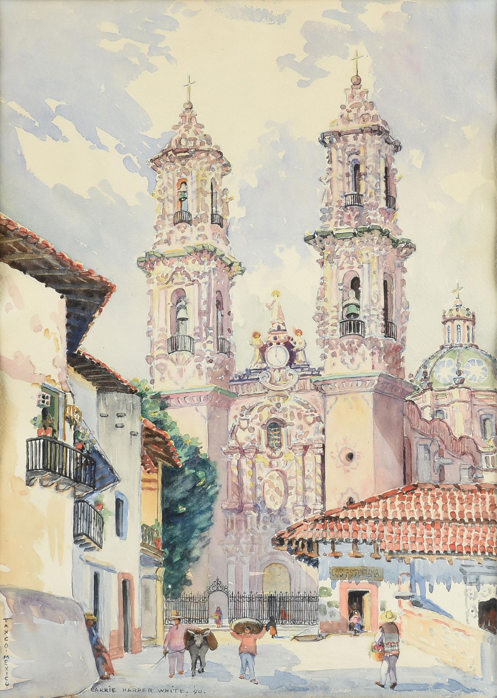 CARRIE HARPER WHITE (American/Texas 1875-1969) "Church of Santa Prisca, Taxco, Mexico," 1940,: CARRIE HARPER WHITE (American/Texas 1875-1969) "Church of Santa Prisca, Taxco, Mexico," 1940,watercolor on paper, signed and dated L/L, "Carrie Harper White, '40" also inscribed L/L, "Taxco, Mexico."2