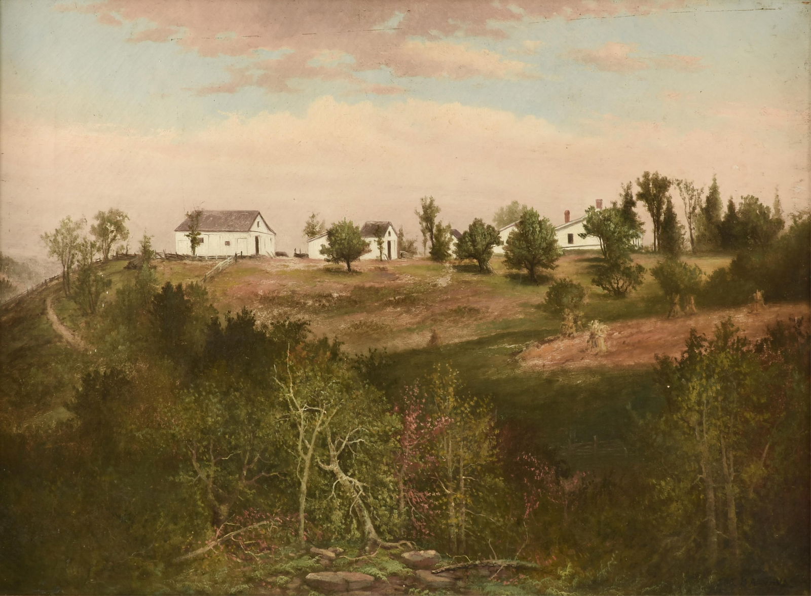 AMERICAN SCHOOL, "Farm Scene (Untitled)," 19TH CENTURY,: AMERICAN SCHOOL, "Farm Scene (Untitled)," 19TH CENTURY,oil on canvas, indistinctly signed lower right, "JOS. MALGHUS. (?)," with a label on reverse from The Alley Gallery, Houston, Texas.21 3/4 x 30 i