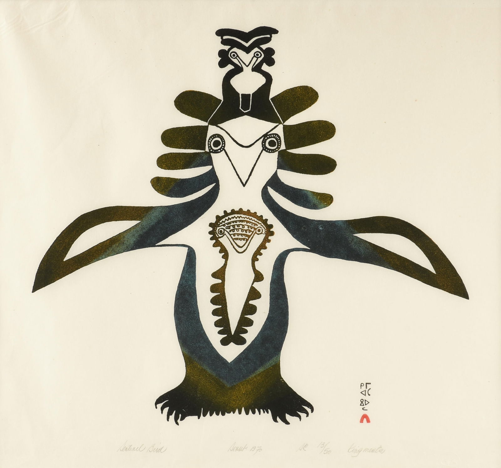 KINGMEATA ETIDLOOIE (Inuk 1915-1989) "Sentinel Bird," 1970,: KINGMEATA ETIDLOOIE (Inuk 1915-1989) "Sentinel Bird," 1970,a Cape Dorset stonecut print on Japan paper, signed at lower right in syllabics, and labeled across lower edge, "Sentinel Bird / Dorset 1970