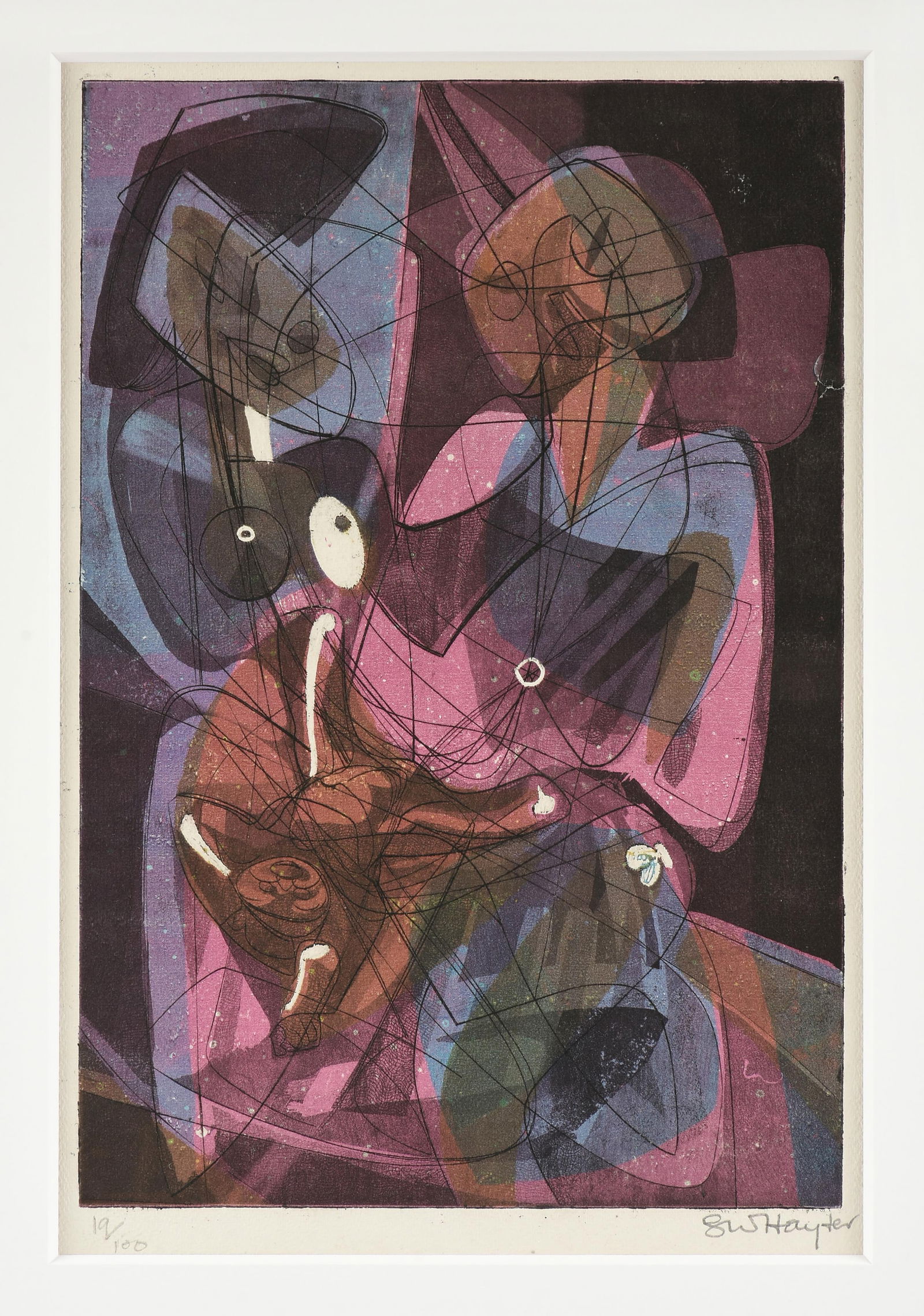 STANLEY HAYTER (British 1901-1988) "Famille Japannaise," 1955,: STANLEY HAYTER (British 1901-1988) "Famille Japannaise," 1955,etching on paper, signed lower right, "SW Hayter," and numbered lower left, "19/100."15 x 10 in. (38.1 x 25.4 cm.), Frame: 22 1/2 x 17 1/4