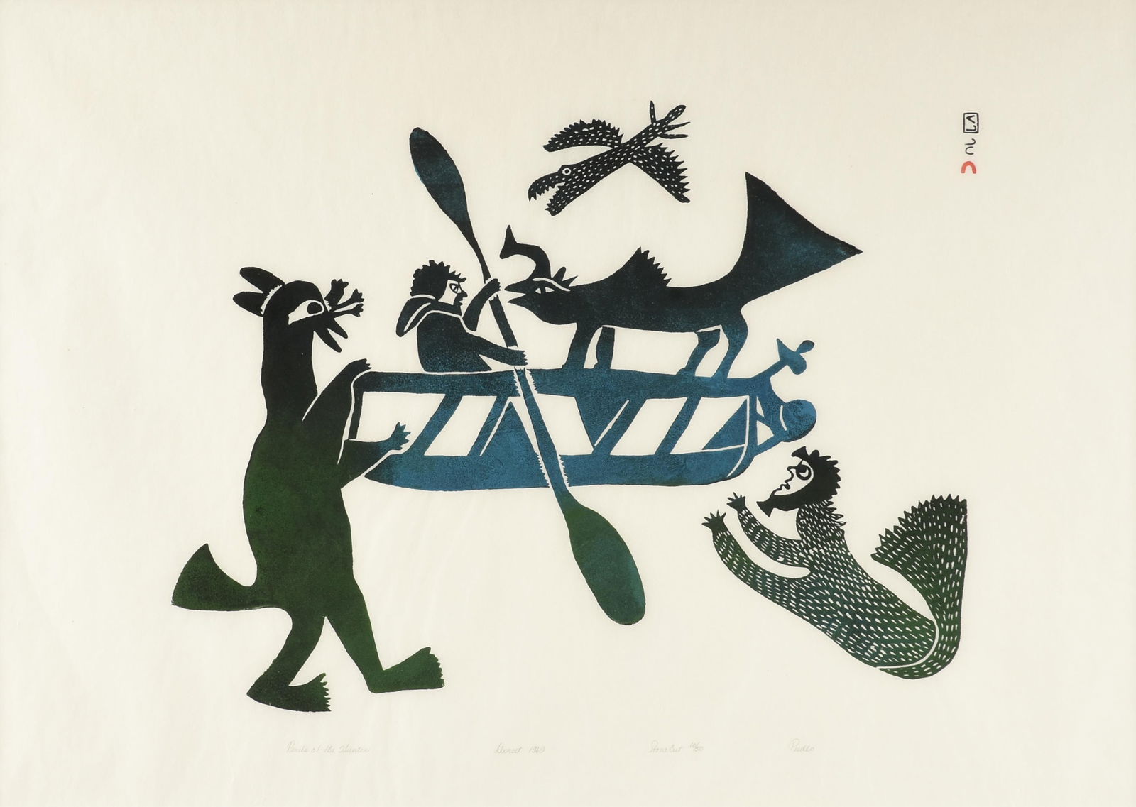 PUDLO PUDLAT (Inuk 1916-1992) "Perils of the Hunter," 1969,: PUDLO PUDLAT (Inuk 1916-1992) "Perils of the Hunter," 1969,a Cape Dorset stonecut print on Japan paper, signed at upper right in syllabics, and labeled across lower edge, "Perils of the Hunter / Dorse