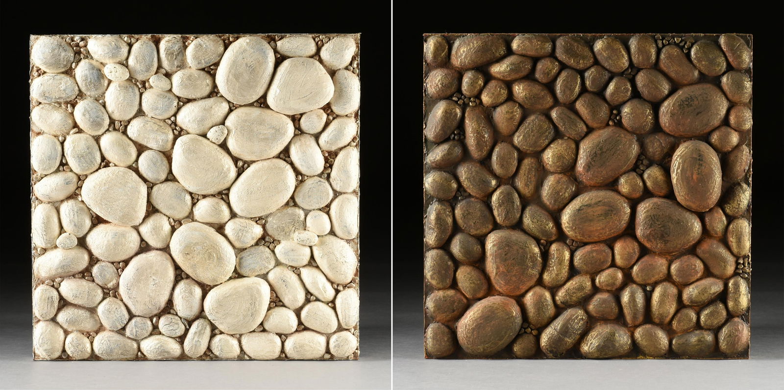 SABINE STROMEYER (German/Texas b. 1962) A PAIR OF PAINTINGS "Golden River," and "Pearl Beach," 2015,: SABINE STROMEYER (German/Texas b. 1962) A PAIR OF PAINTINGS "Golden River," and "Pearl Beach," 2015,mixed media on board, each signed on right edge, "Sabine Stromeyer," each with an artist label on re