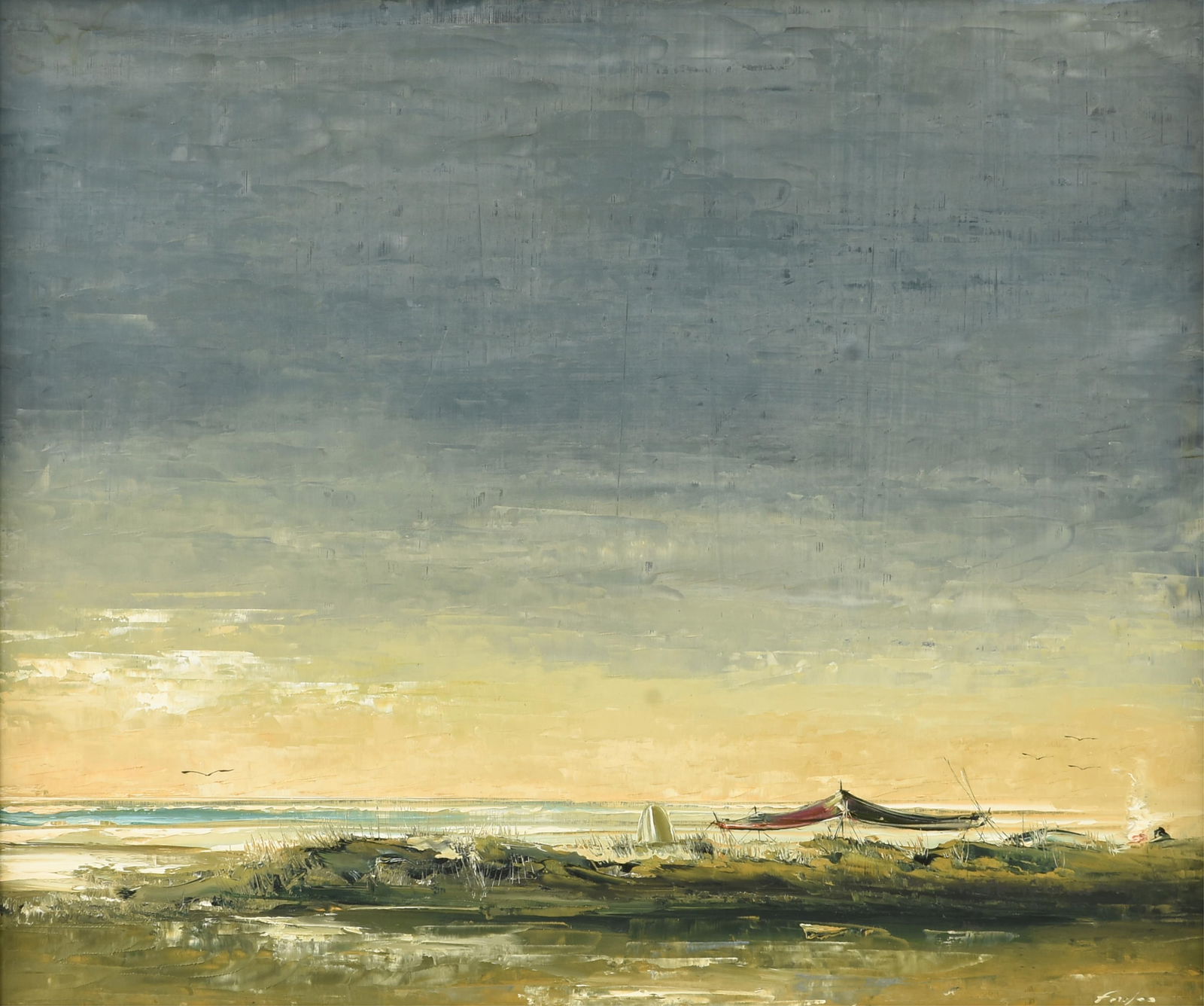 RICHARD JAMES FOWLES (American/Texas 1923-2009) "Gulf Coast Scene with Figure (Untitled)," CIRCA: RICHARD JAMES FOWLES (American/Texas 1923-2009) "Gulf Coast Scene with Figure (Untitled)," CIRCA 1970,oil on board, signed lower right, "Fowles."20 x 23 1/2 in. (50.8 x 59.7 cm.), Frame: 28 1/4 x 32 1