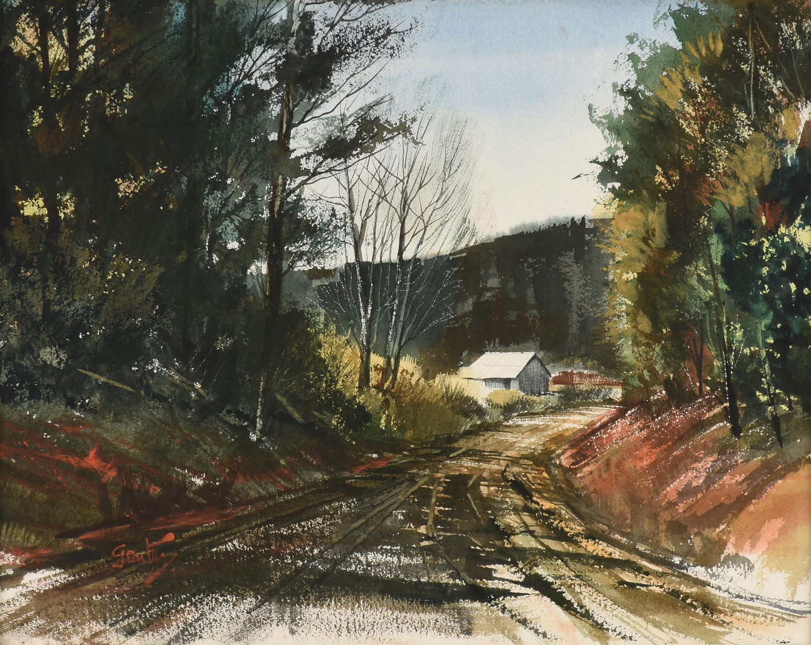 A.C. GENTRY (American/Texas 1927-2021) "On the Trammel Trace," 1971,: A.C. GENTRY (American/Texas 1927-2021) "On the Trammel Trace," 1971,watercolor on paper, signed lower left, "Gentry."21 1/2 x 27 in. (54.6 x 68.6 cm.), Frame: 30 1/4 x 35 1/4 in. (76.8 x 89.5 cm.) Pro