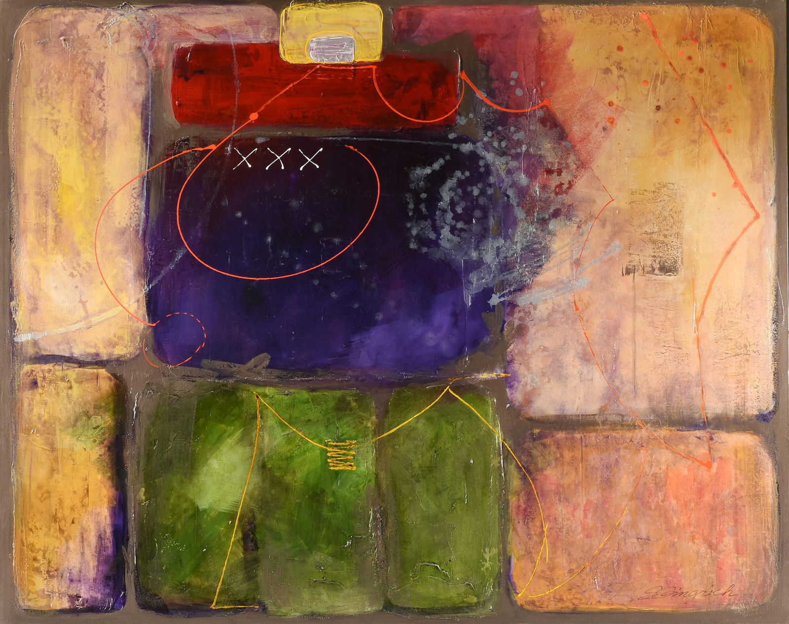 SUE GINGRICH (American) "Game Plan," CIRCA 1970,: SUE GINGRICH (American) "Game Plan," CIRCA 1970,acrylic on canvas, signed lower right, "S Gingrich," also titled and signed on reverse, "Game Plan / S Gingrich."48 x 60 in. (121.9 x 152.4 cm.) Provena