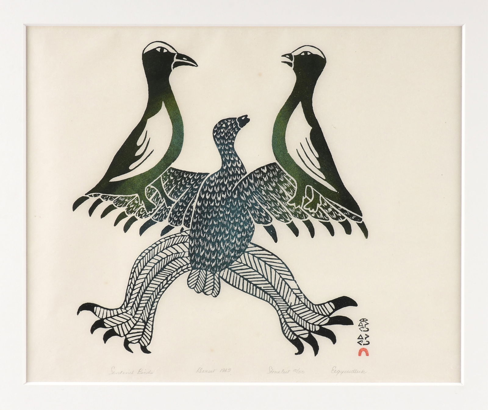 TWO CAPE DORSET PRINTS, "Sentinel Birds," and "Snow Bird," INUIT, 1969/70, (1 of 19)