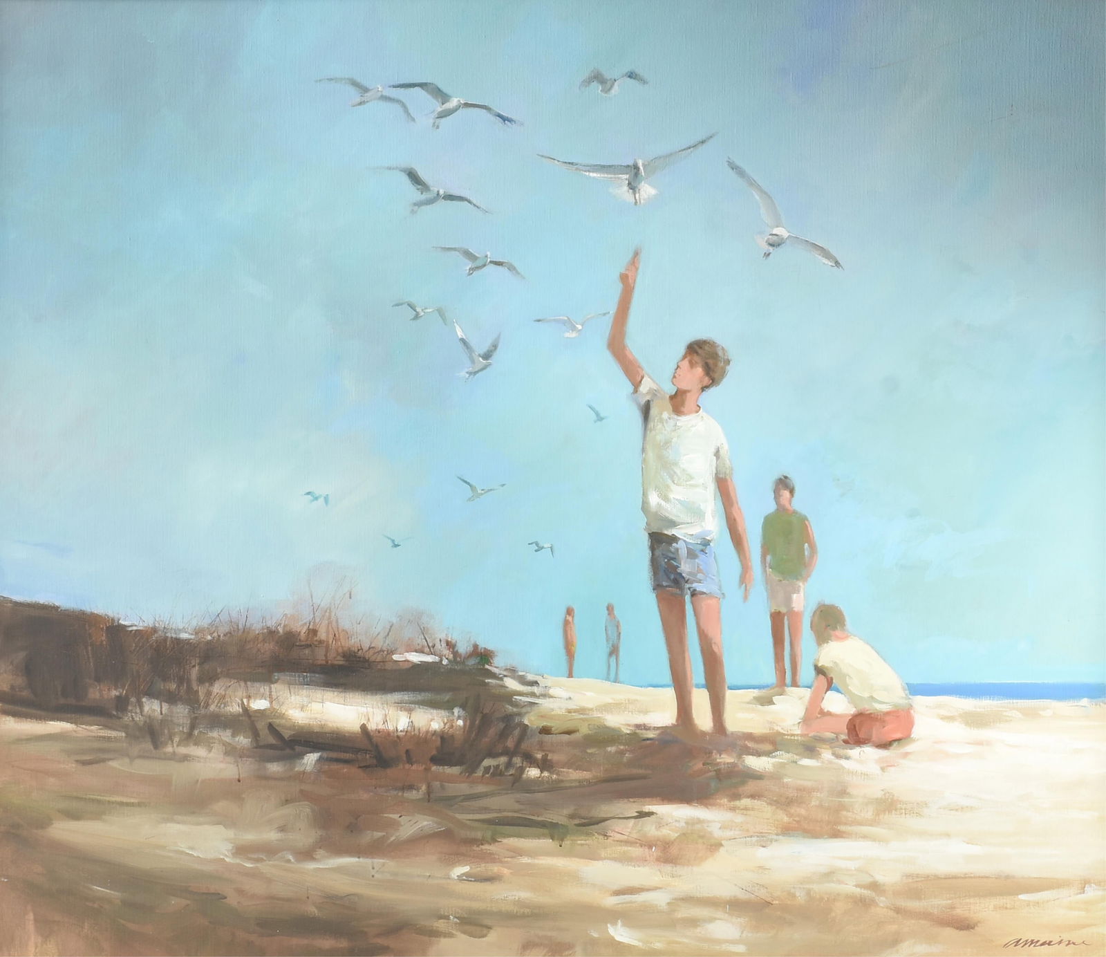 WAYNE AMERINE (American/Texas 1928-2008) "Feeding the Birds," 1972,: WAYNE AMERINE (American/Texas 1928-2008) "Feeding the Birds," 1972,oil on canvas, signed lower right, "Amerine," and dated on reverse, "2/21/1972."48 x 56 in. (121.9 x 142.2 cm.), Frame: 51 x 59 in. (