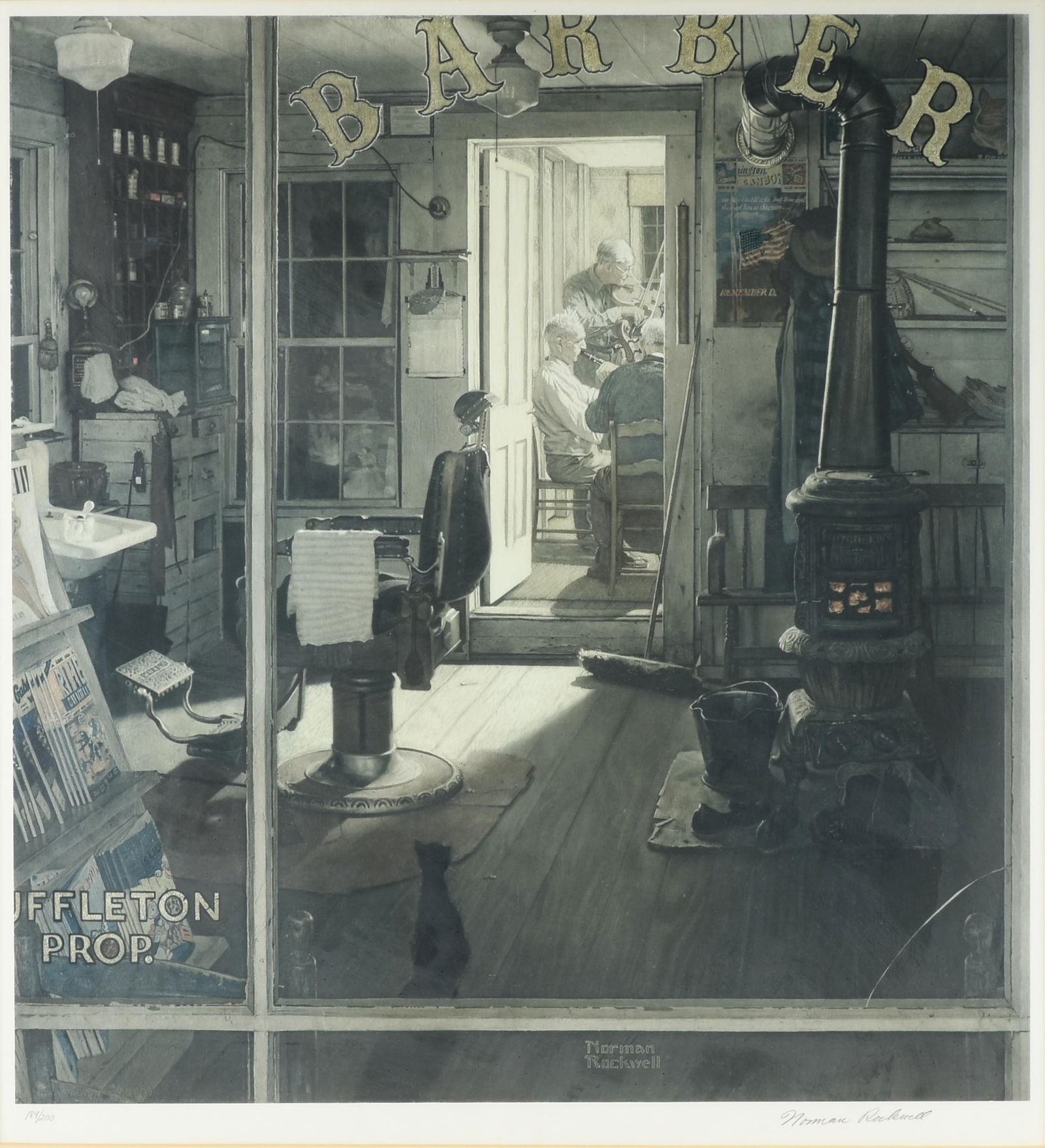 NORMAN ROCKWELL (American 1894-1978) "Shuffleton's Barbershop," CIRCA 1975,: NORMAN ROCKWELL (American 1894-1978) "Shuffleton's Barbershop," CIRCA 1975,lithograph on paper, signed lower right, "Norman Rockwell," and numbered lower left, "189/200."29 1/2 x 27 1/2 in. (74.9 x 69
