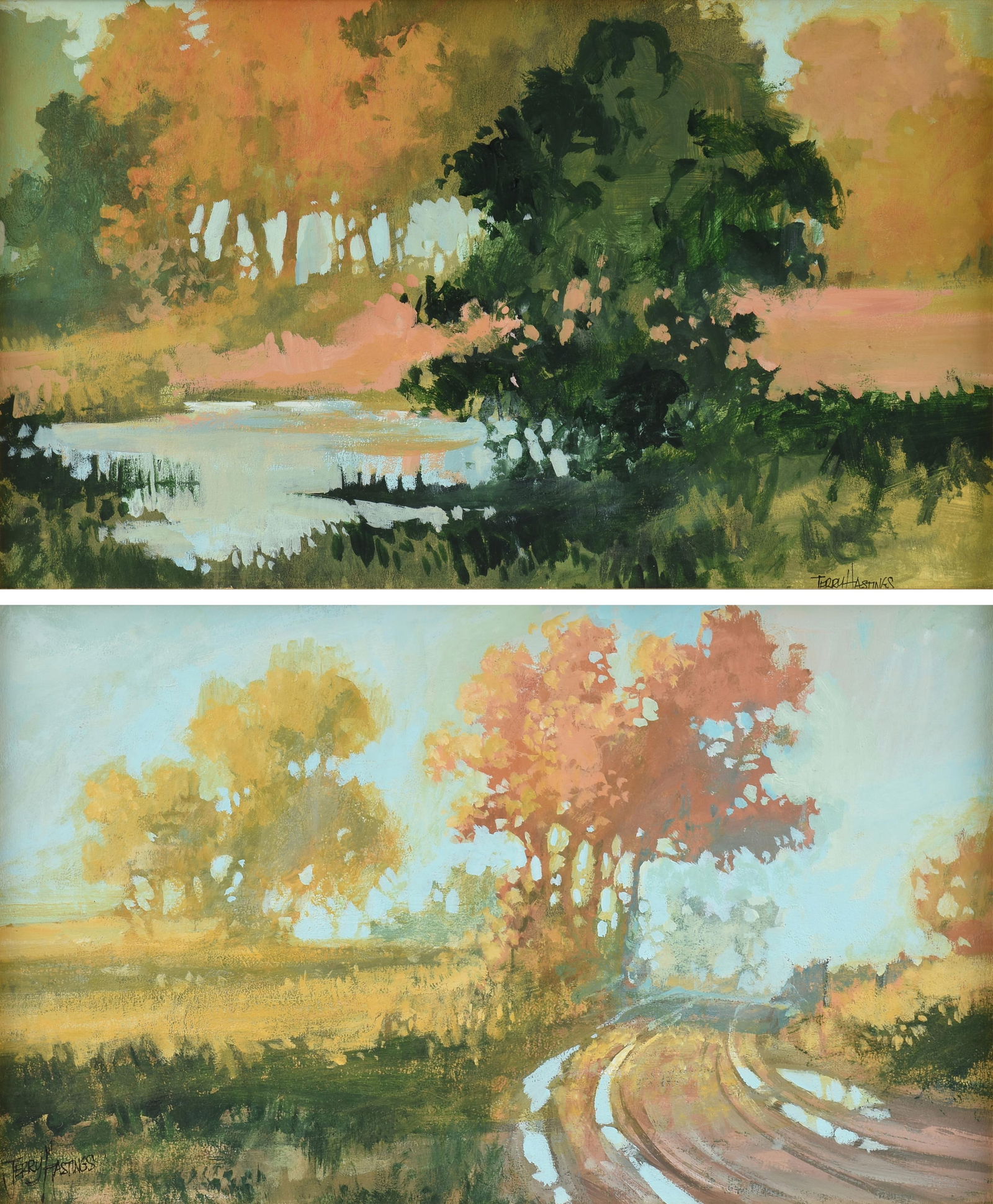 JERRY HASTINGS (American 1928-2018) TWO LANDSCAPE PAINTINGS, CIRCA 1970,: JERRY HASTINGS (American 1928-2018) TWO LANDSCAPE PAINTINGS, CIRCA 1970,oil on board, each signed, "Jerry Hastings."Paintings approximately: 10 1/2 x 17 1/2 in. (26.7 x 44.5 cm.), Frames approximately