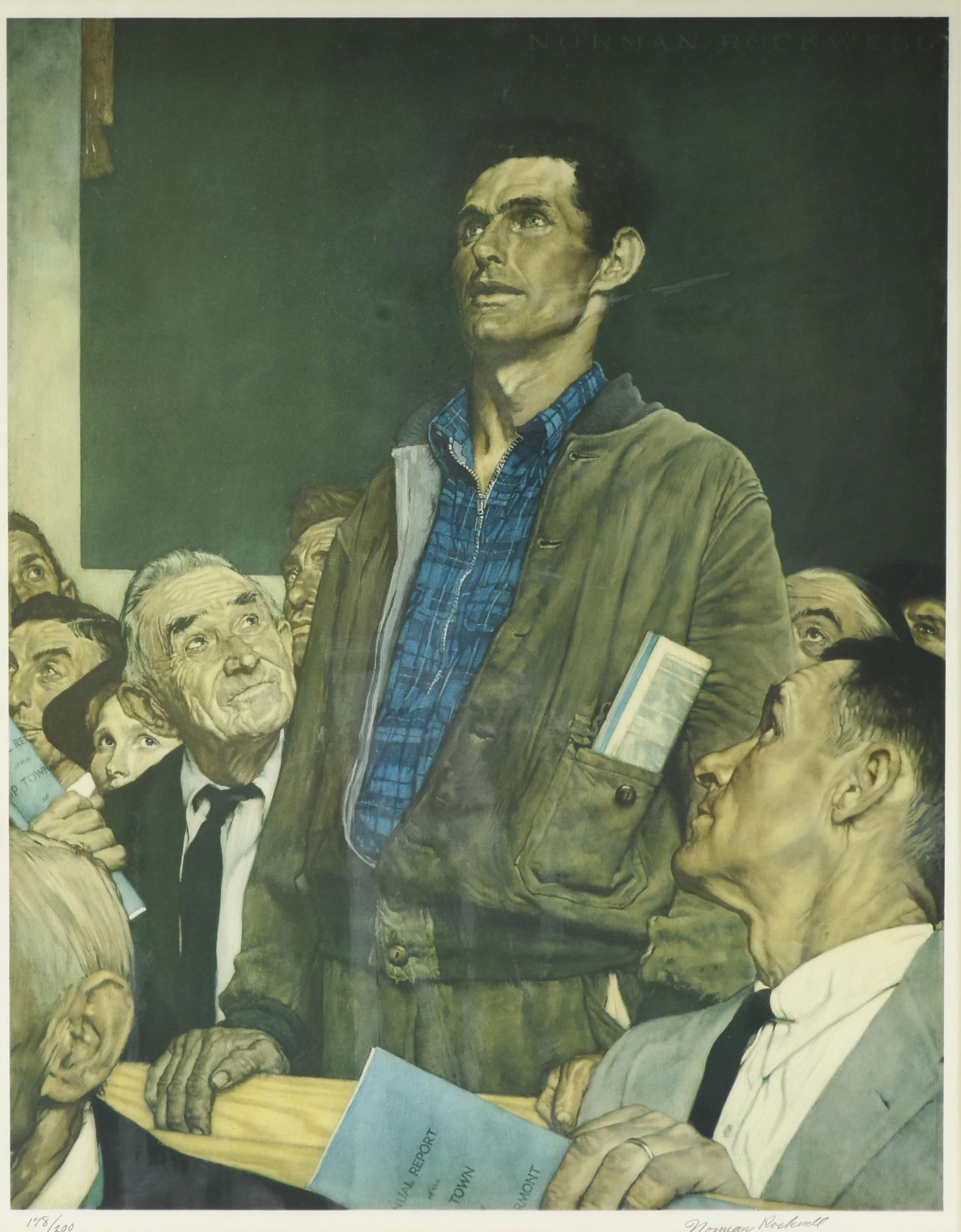 NORMAN ROCKWELL (American 1894-1978) "Freedom of Speech," CIRCA 1975,: NORMAN ROCKWELL (American 1894-1978) "Freedom of Speech," CIRCA 1975,lithograph on paper, signed lower right, "Norman Rockwell," and numbered lower left, "178/200."29 x 22 3/4 in. (73.7 x 57.8 cm.), F