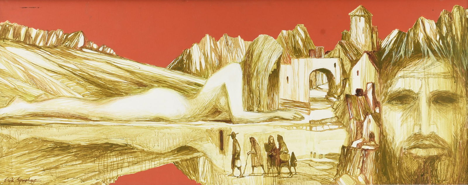 ERIK SPROHGE (American b. 1932) "Figures in a Surreal Landscape (Untitled)," CIRCA 1960s,: ERIK SPROHGE (American b. 1932) "Figures in a Surreal Landscape (Untitled)," CIRCA 1960s,oil on board, signed lower left, "Erik Sprohge."24 x 60 in. (61 x 152.4 cm.), Frame: 25 x 61 in. (63.5 x 154.9
