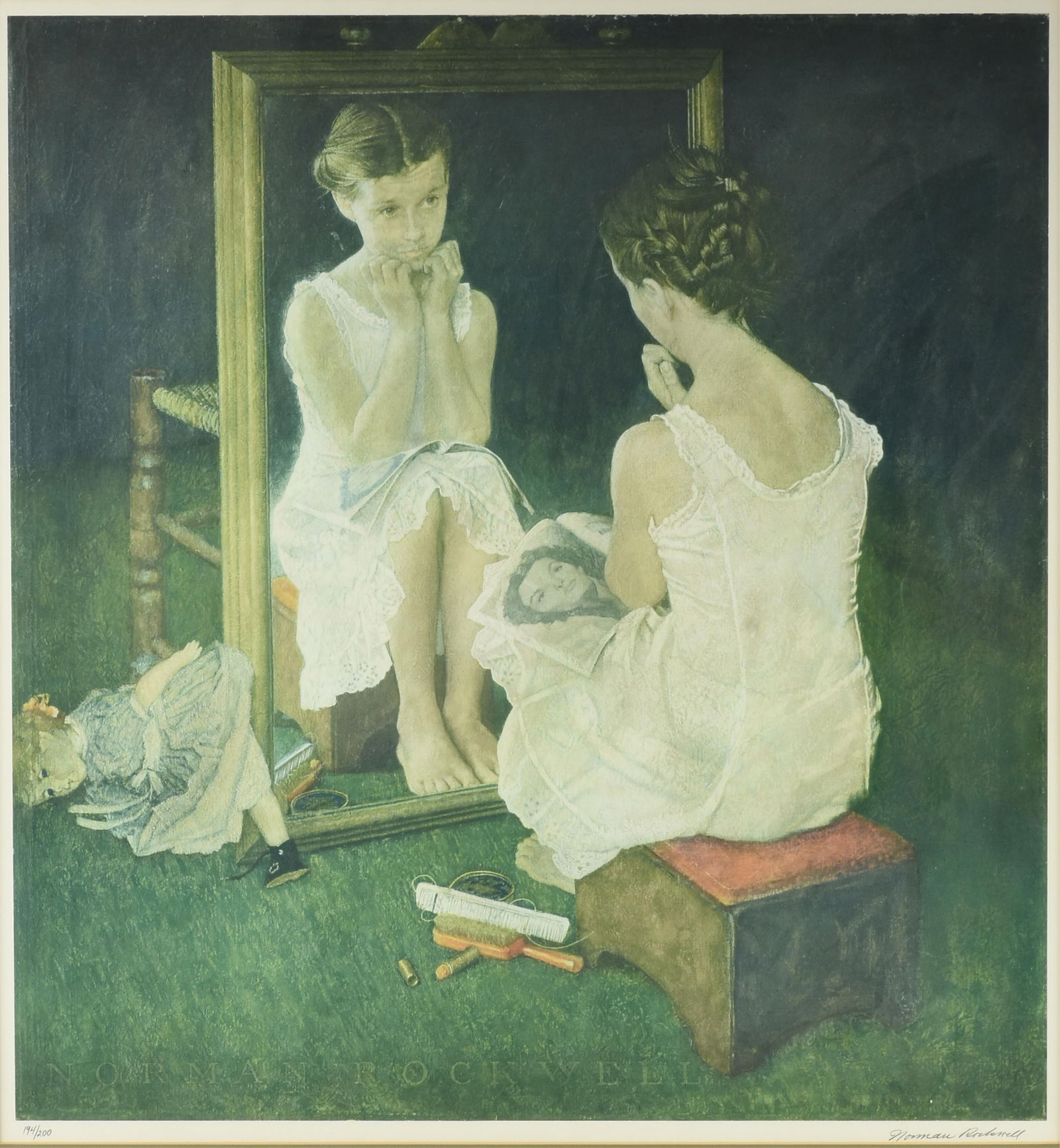 NORMAN ROCKWELL (American 1894-1978) "Girl at Mirror," CIRCA 1975,: NORMAN ROCKWELL (American 1894-1978) "Girl at Mirror," CIRCA 1975,lithograph on paper, signed lower right, "Norman Rockwell," and numbered lower left, "194/200."29 1/2 x 27 1/2 in. (74.9 x 69.9 cm.),
