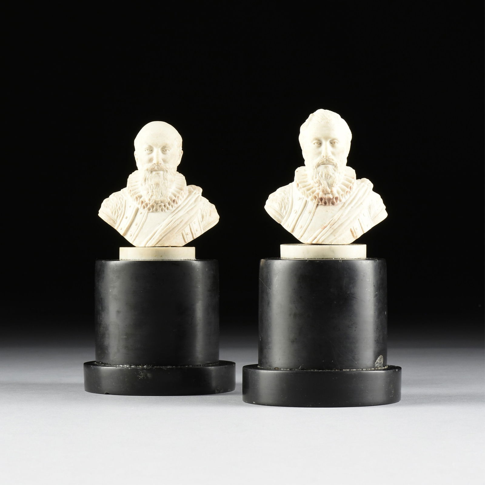 A PAIR OF BUSTS OF HENRY IV AND THE DUKE OF SULLY, FRENCH, 19TH/20TH CENTURY,: A PAIR OF BUSTS OF HENRY IV AND THE DUKE OF SULLY, FRENCH, 19TH/20TH CENTURY,two cast plaster composite busts mounted on stone bases.Each: 9 x 4 7/8 x 4 7/8 in. (22.9 x 12.4 x 12.4 cm.) Provenance: Co