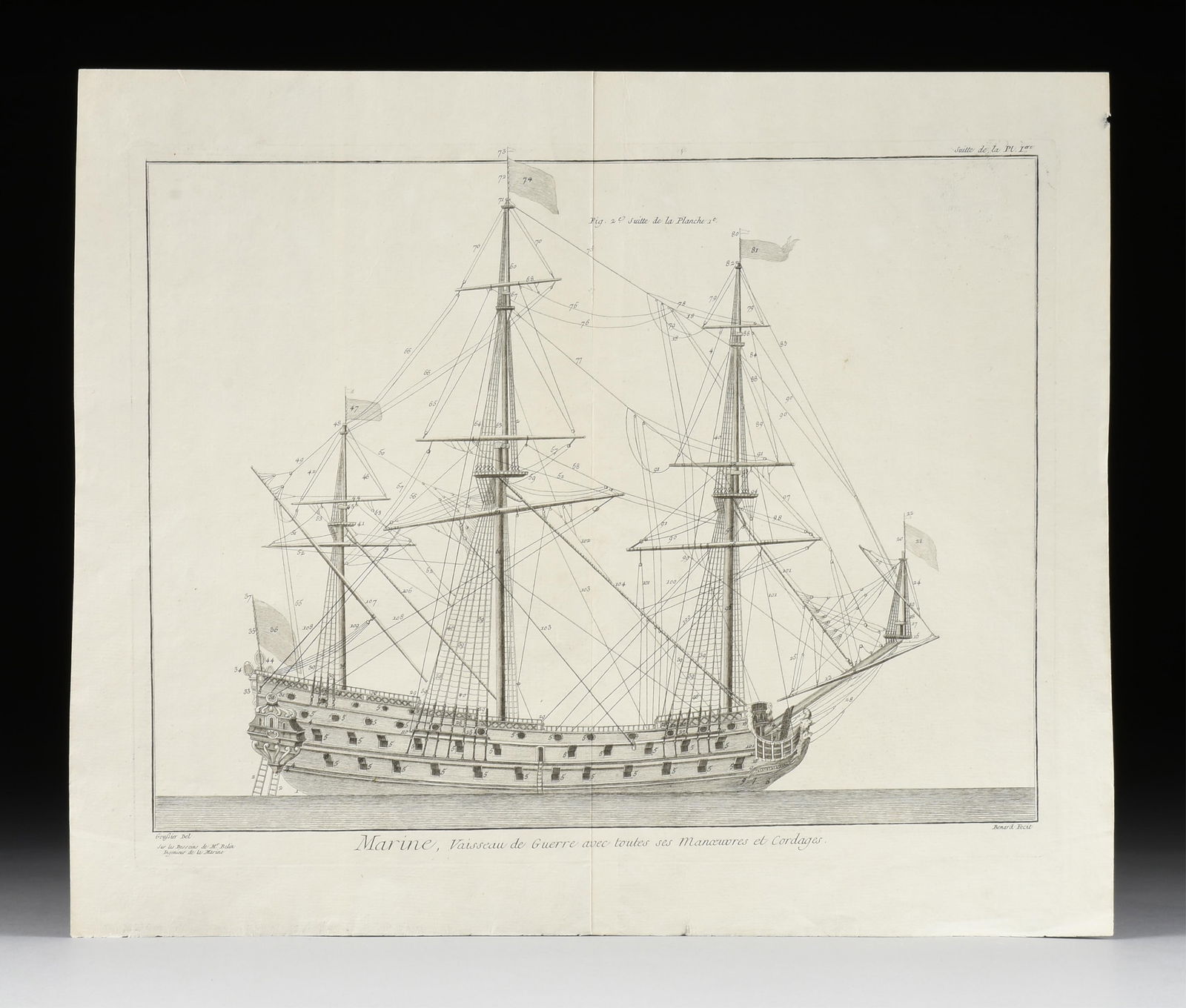 A SCHEMATIC ENGRAVING OF A WAR SHIP, FRENCH CIRCA 1770, (1 of 10)