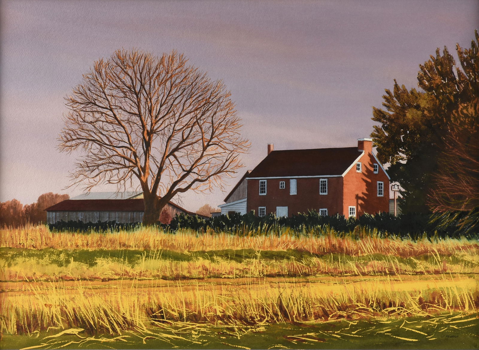 THOMAS A. NEWNAM (American b. 1946) "Red Farmhouse, Afternoon Sun," 21ST CENTURY,: THOMAS A. NEWNAM (American b. 1946) "Red Farmhouse, Afternoon Sun," 21ST CENTURY,watercolor on paper, signed lower right, "T.A. Newnam."21 x 29 in. (53.3 x 73.7 cm.), Frame: 34 1/2 x 42 1/2 in. (87.6