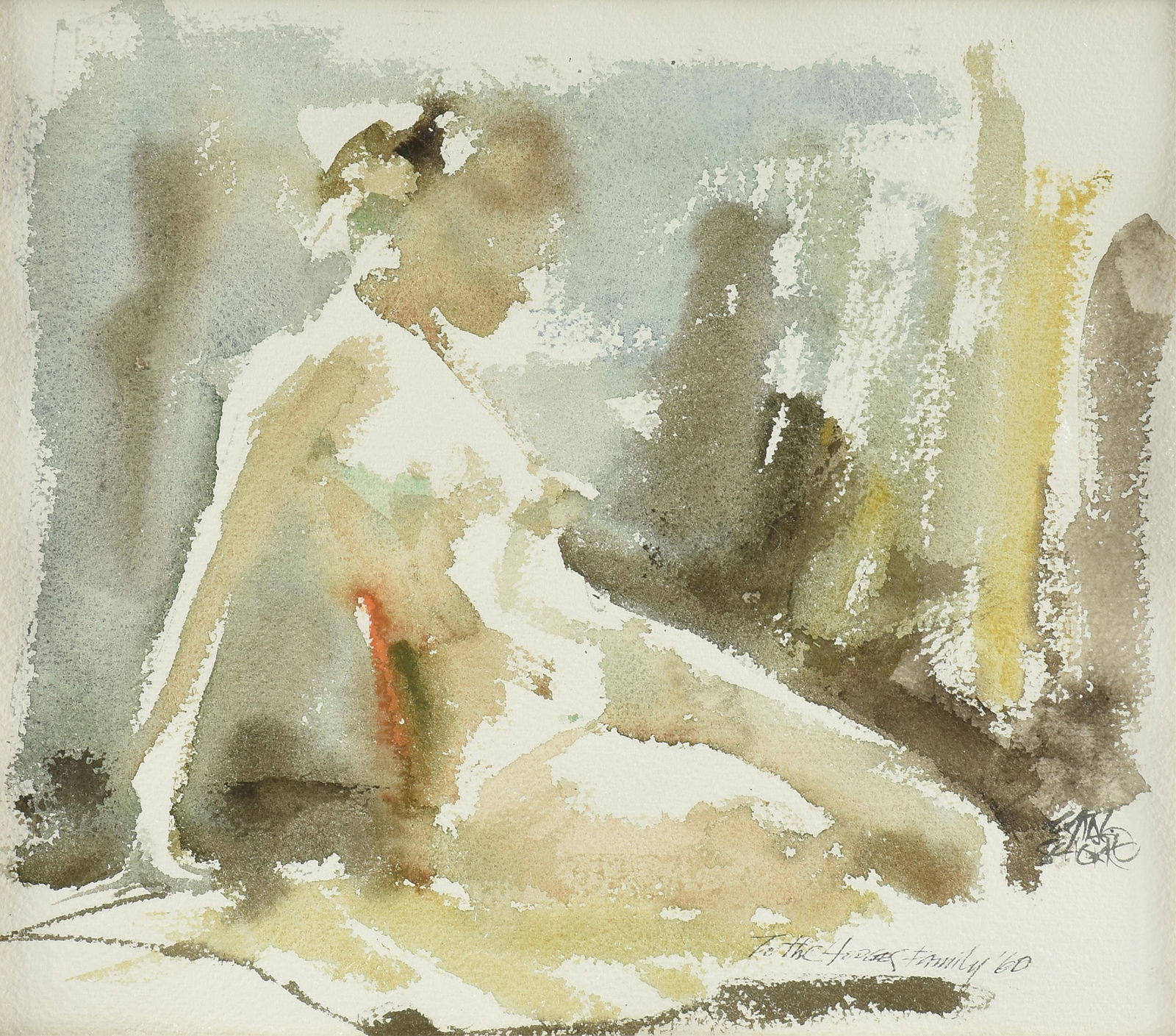 CHARLES SCHORRE (American/Texas 1925-1996) "Seated Nude (Untitled)," 1960,: CHARLES SCHORRE (American/Texas 1925-1996) "Seated Nude (Untitled)," 1960,watercolor on paper, signed lower right, "Chas Schorre," and dedicated and dated, "To the Hodges Family '60."11 x 12 1/2 in. (