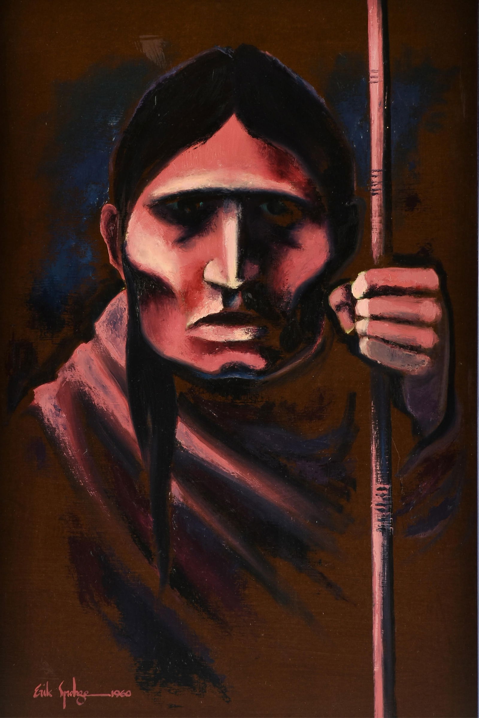 ERIK SPROHGE (American b. 1932) "Native Man (Untitled)," 1960,: ERIK SPROHGE (American b. 1932) "Native Man (Untitled)," 1960,oil on board, signed and dated lower left, "Erik Sprohge - 1960."35 1/2 x 23 1/2 in. (90.2 x 59.7 cm.), Frame: 37 1/2 x 25 1/4 in. (95.3 x