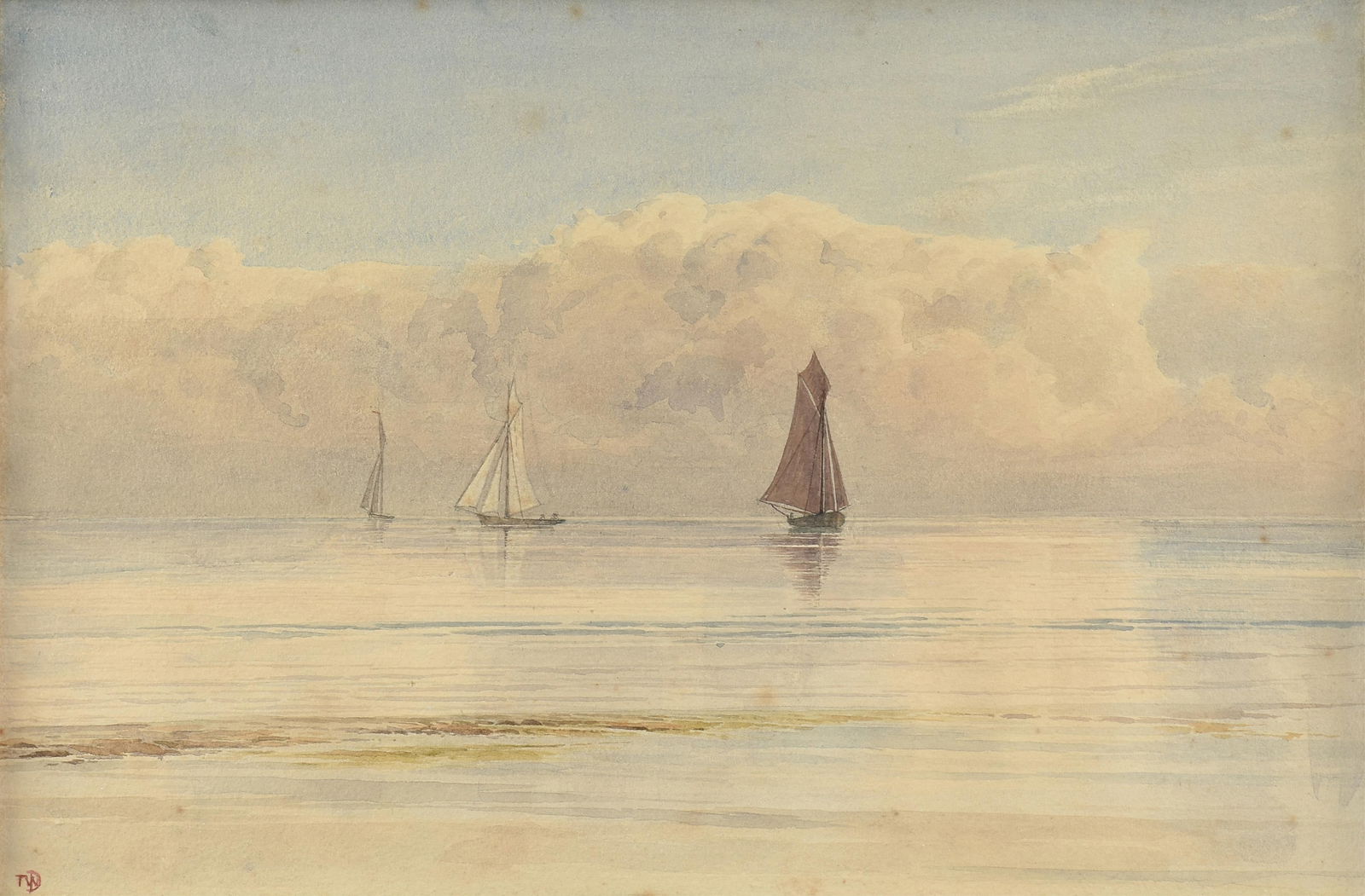 BRITISH SCHOOL, "Welsh Boats," 19TH/20TH CENTURY,: BRITISH SCHOOL, "Welsh Boats," 19TH/20TH CENTURY,watercolor on paper, signed with a monogram at lower left, "TWD," also titled and indistinctly signed on reverse, "Welsh Boats / TW Downing (?)."9 x 13