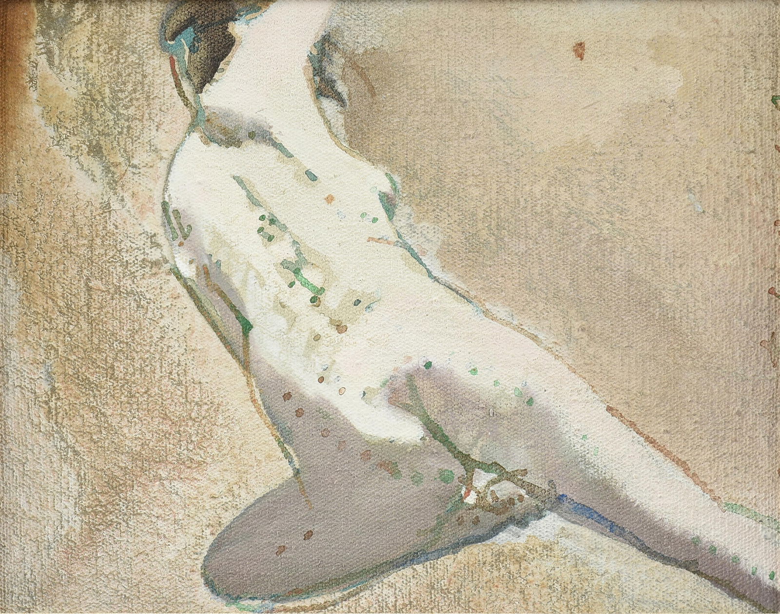 CHARLES SCHORRE (American/Texas 1925-1996) "Nude Study," 20TH CENTURY.: CHARLES SCHORRE (American/Texas 1925-1996) "Nude Study," 20TH CENTURY.oil on canvas, indistinctly titled and signed across the bottom, "... Study • Chas Schorre."10 x 8 in. (25.4 x 20.3 cm.), Fr