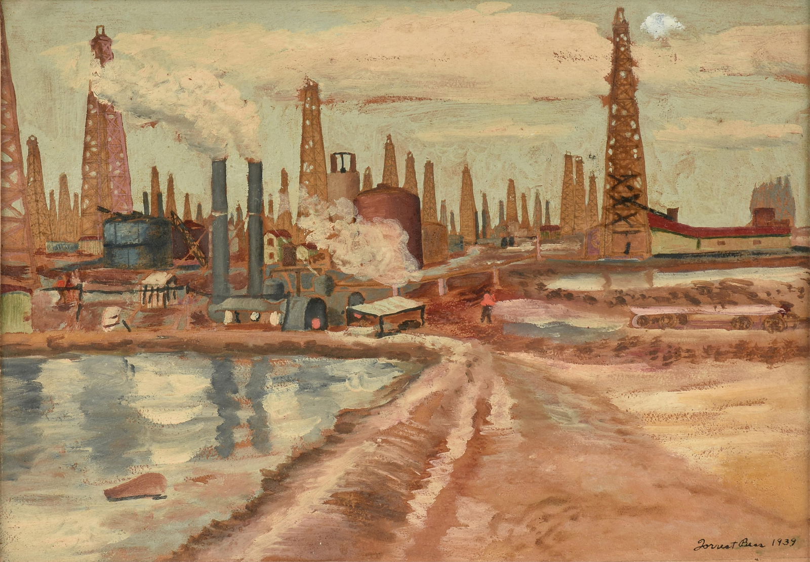 FORREST CLEMINGER BESS (American/Texas 1911-1977) "View of the Old Mildred Field at Corsicana,": FORREST CLEMINGER BESS (American/Texas 1911-1977) "View of the Old Mildred Field at Corsicana," 1939,oil on card, signed and dated lower right, "Forrest Bess 1939," titled and signed on reverse backin