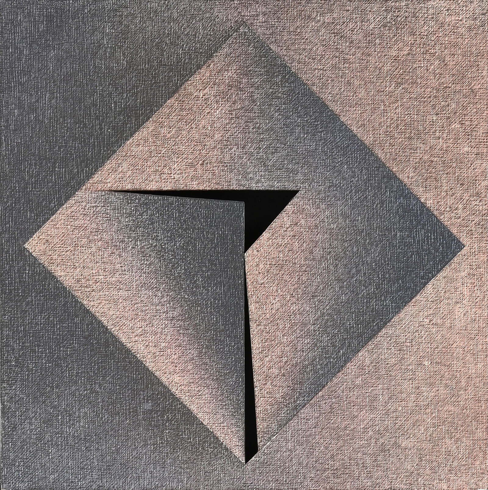 RAUL MAZZONI (Argentinian b. 1941) "Black and Pink Geometric Form (Untitled)," 1990,: RAUL MAZZONI (Argentinian b. 1941) "Black and Pink Geometric Form (Untitled)," 1990,oil on panel with cut outs and mounted to a linen covered panel, signed and dated on the back, "Raul Mazzoni 1990."1