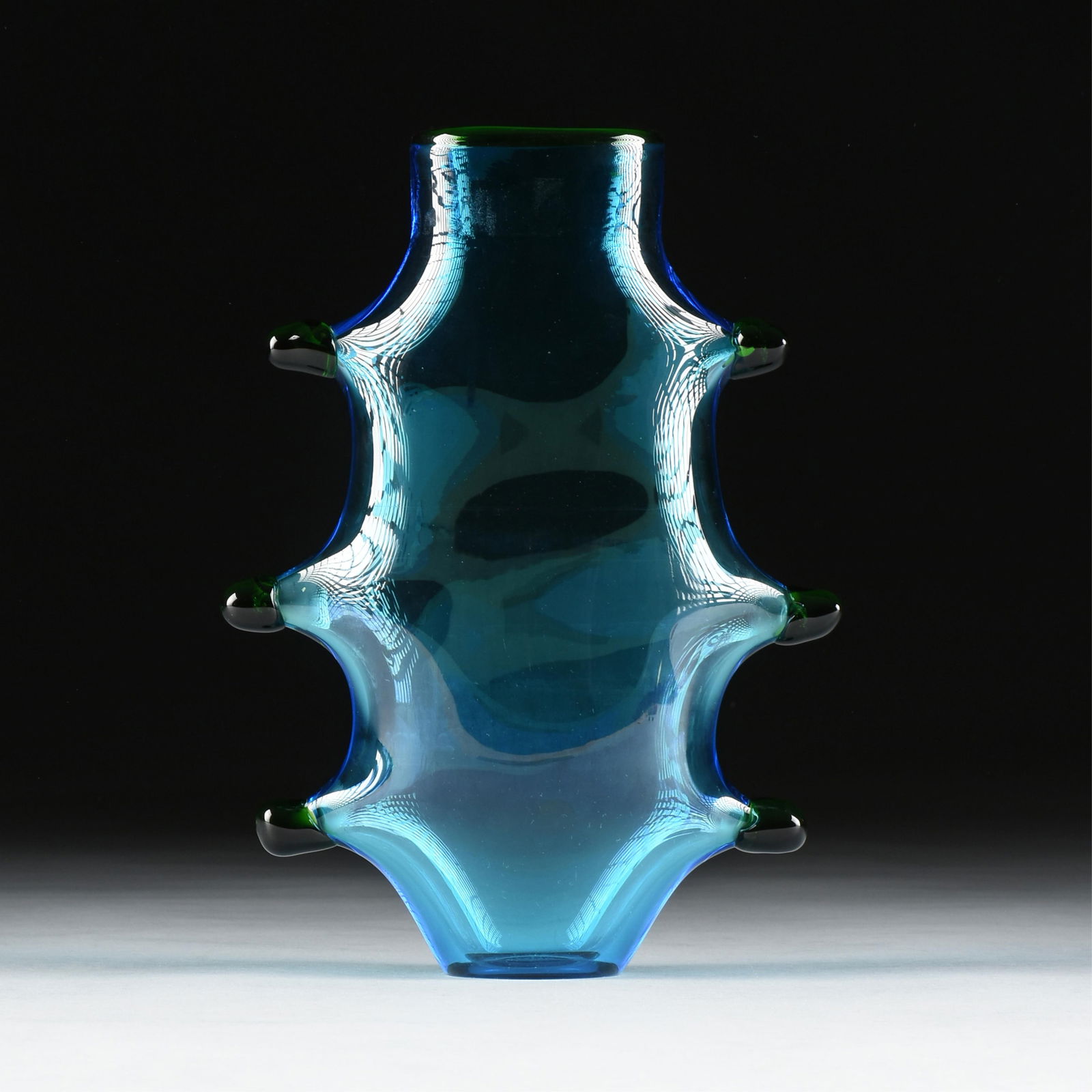 A SALVIATI BLUE-GREEN MURANO VASE, ITALIAN, 1998,: A SALVIATI BLUE-GREEN MURANO VASE, ITALIAN, 1998,blown glass, marked on base, "Salviati 1998."11 in. (27.9 cm.)