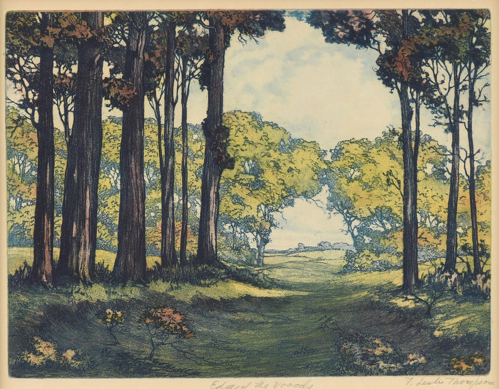 FLOYD LESLIE THOMPSON (American 1889-1965) "Edge of the Woods," 1935,: FLOYD LESLIE THOMPSON (American 1889-1965) "Edge of the Woods," 1935,aquatint on paper, signed lower right, "F. Leslie Thompson."Sight: 11 x 14 in. (27.9 x 35.6 cm.), Frame: 22 x 24 1/2 in. (55.9 x 62