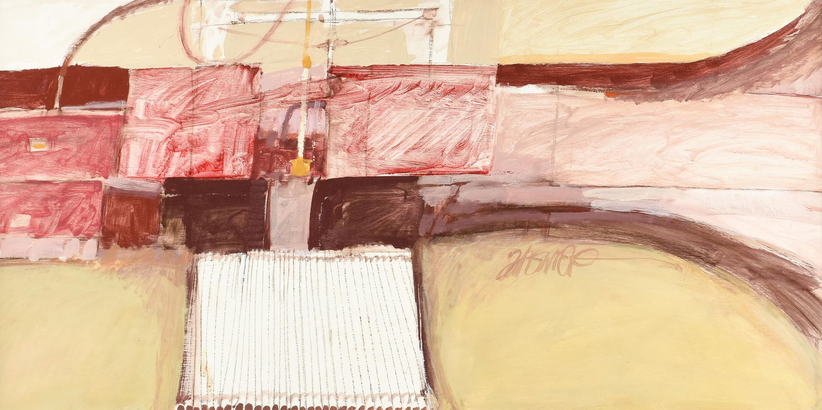 JON ZAHOUREK (American b. 1940) 1970s, "Oil Field Architecture," CIRCA 1970,: JON ZAHOUREK (American b. 1940) 1970s, "Oil Field Architecture," CIRCA 1970,oil on board, signed center right, "Zahourek."24 x 47 in. (61 x 119.4 cm.), Frame: 28 1/2 x 51 3/4 in. (72.4 x 131.4 cm.) Pr