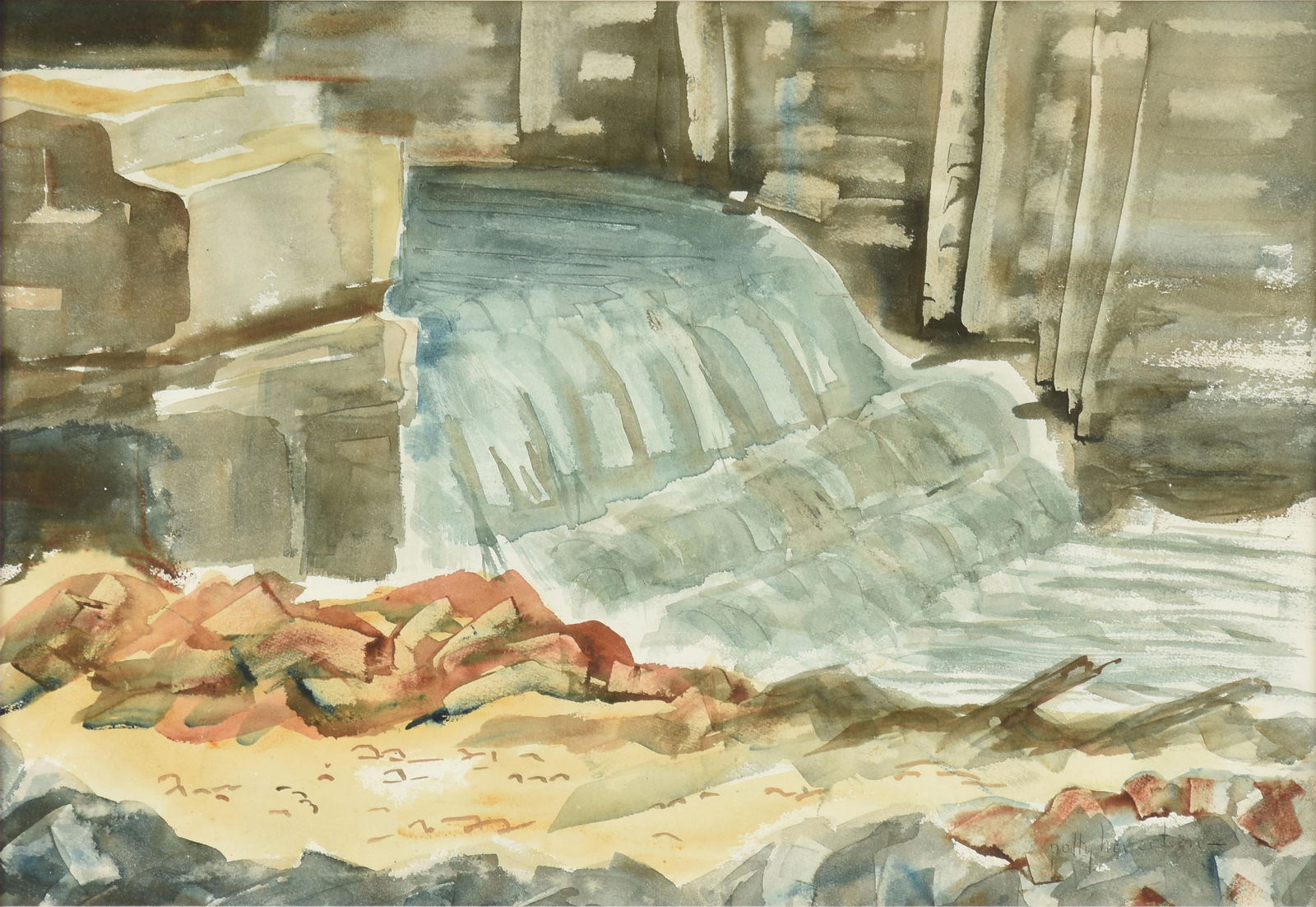 POLLY HOWERTON (American/Texas 1904-1987) "Landscape with Waterfall (Untitled)," 20TH CENTURY,: POLLY HOWERTON (American/Texas 1904-1987) "Landscape with Waterfall (Untitled)," 20TH CENTURY,watercolor on paper, signed lower right, "polly howerton."13 x 19 in. (33 x 48.3 cm.), Frame: 21 1/8 x 27