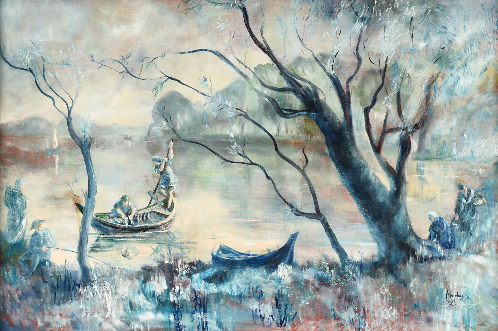 DOROTHY ADOLPHUS (American 20th Century) "Figures and Boats by the Shore (Untitled)," 1969,: DOROTHY ADOLPHUS (American 20th Century) "Figures and Boats by the Shore (Untitled)," 1969,oil on canvas, signed and dated lower right, "Adolphus / 69."26 1/2 x 38 1/2 in. (67.3 x 97.8 cm.), Frame: 30